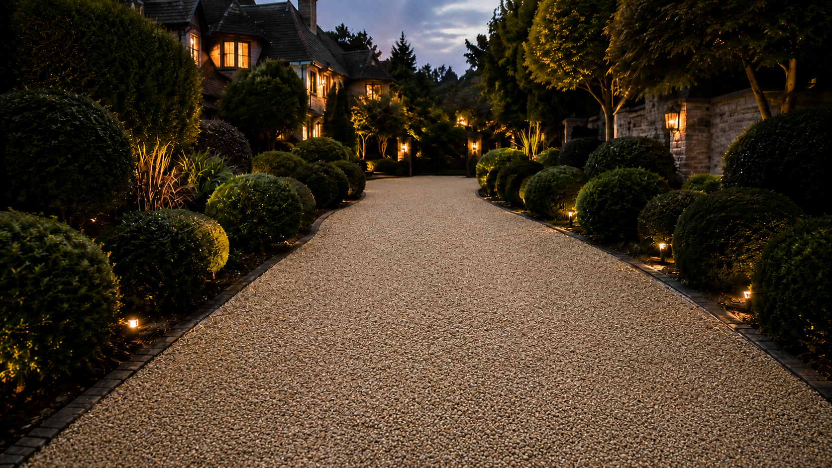 Gravel garden path lined with trimmed hedges and warm glowing lights at dusk
