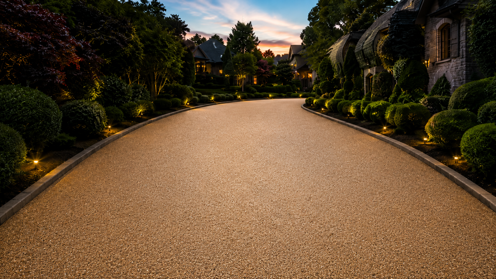 Curved gravel driveway at dusk, lined with manicured shrubs and warm garden lights.