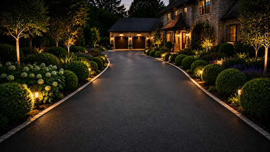 Curved driveway leading to a warmly lit stone house at dusk, with landscaped shrubs and trees on both sides Curved driveway leading to a warmly lit stone house at dusk, with landscaped shrubs and trees on both sides