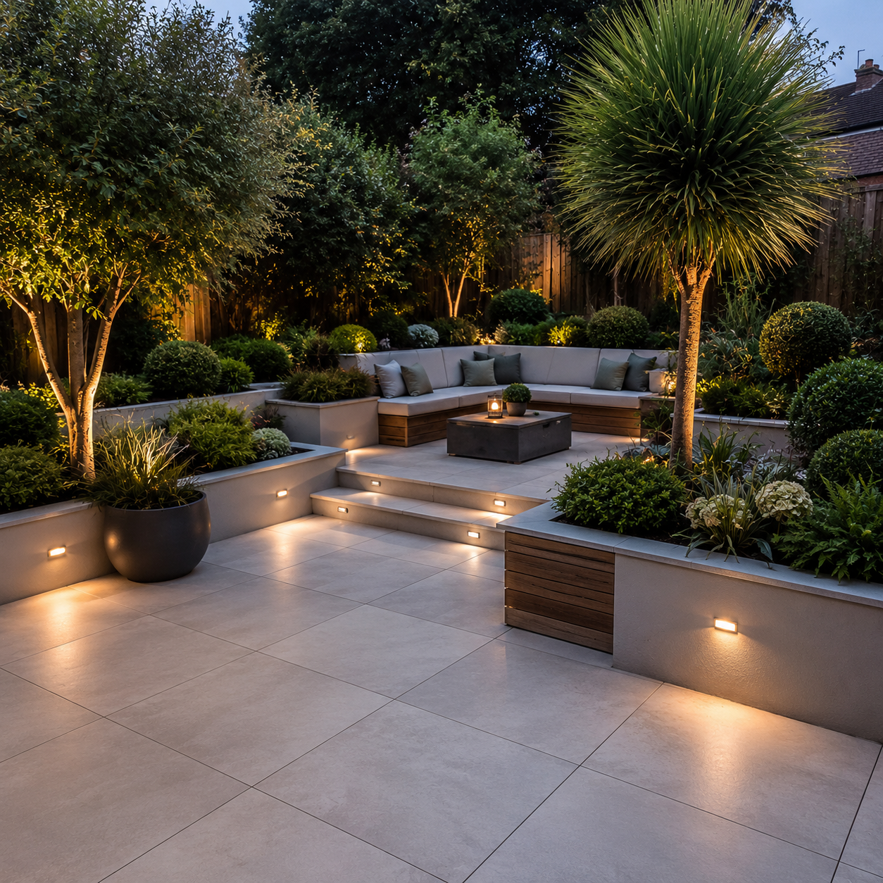 Modern landscaped patio with stepped seating, potted trees, and warm path lighting at dusk