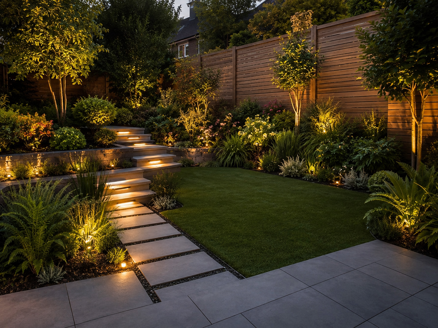 Modern landscaped backyard at dusk with lit stepping stones, lawn, shrubs, and a wooden fence