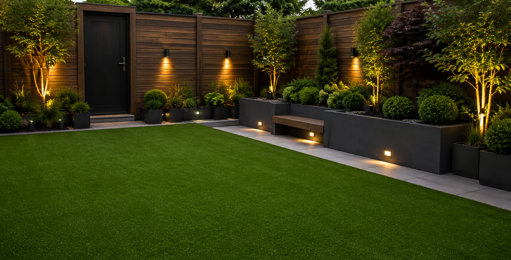 Modern landscaped backyard with lit trees, wooden fence, green lawn, and low stone planters at dusk