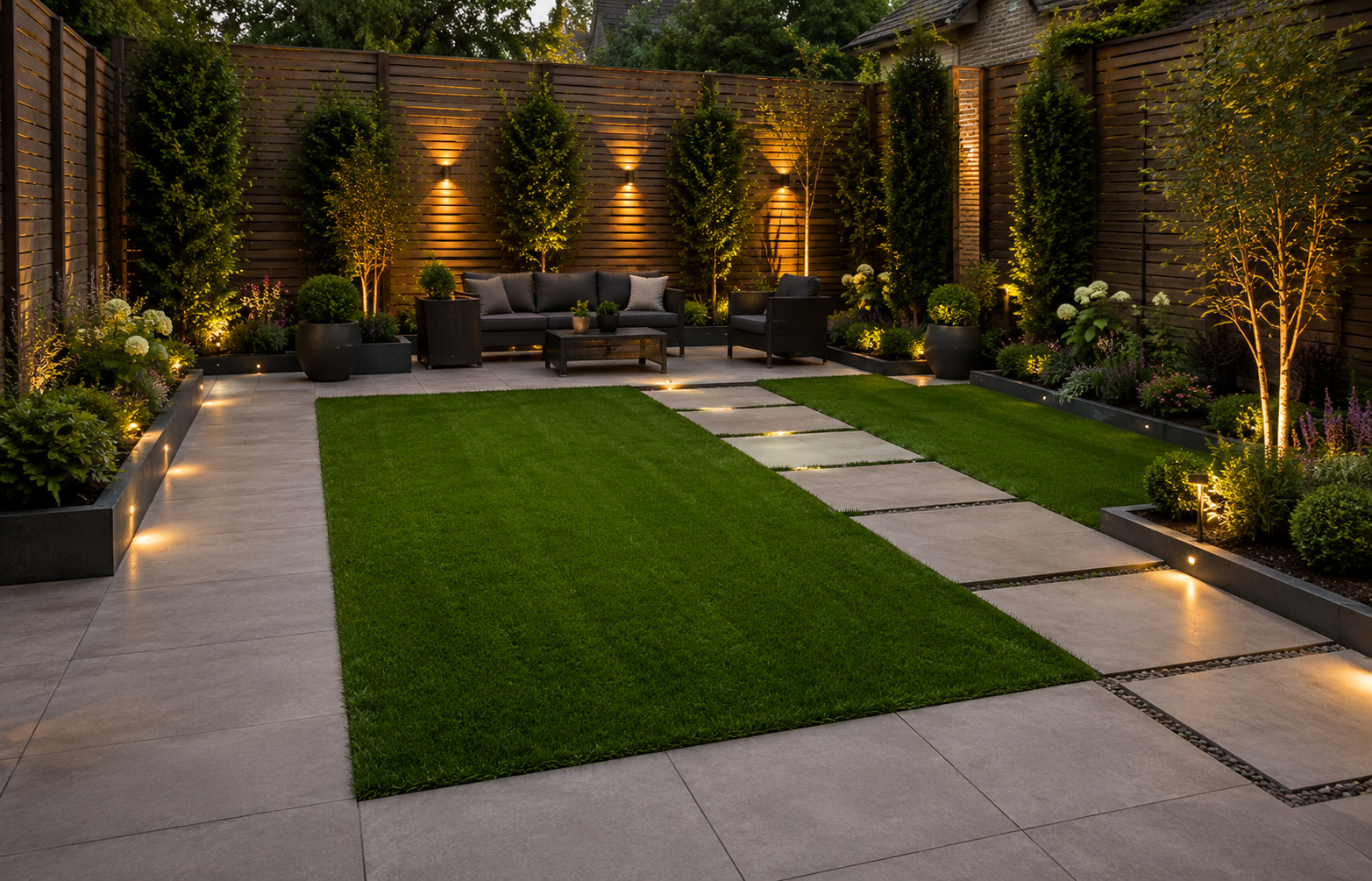 Modern landscaped patio with stone pavers, central lawn, and warm garden lighting at dusk