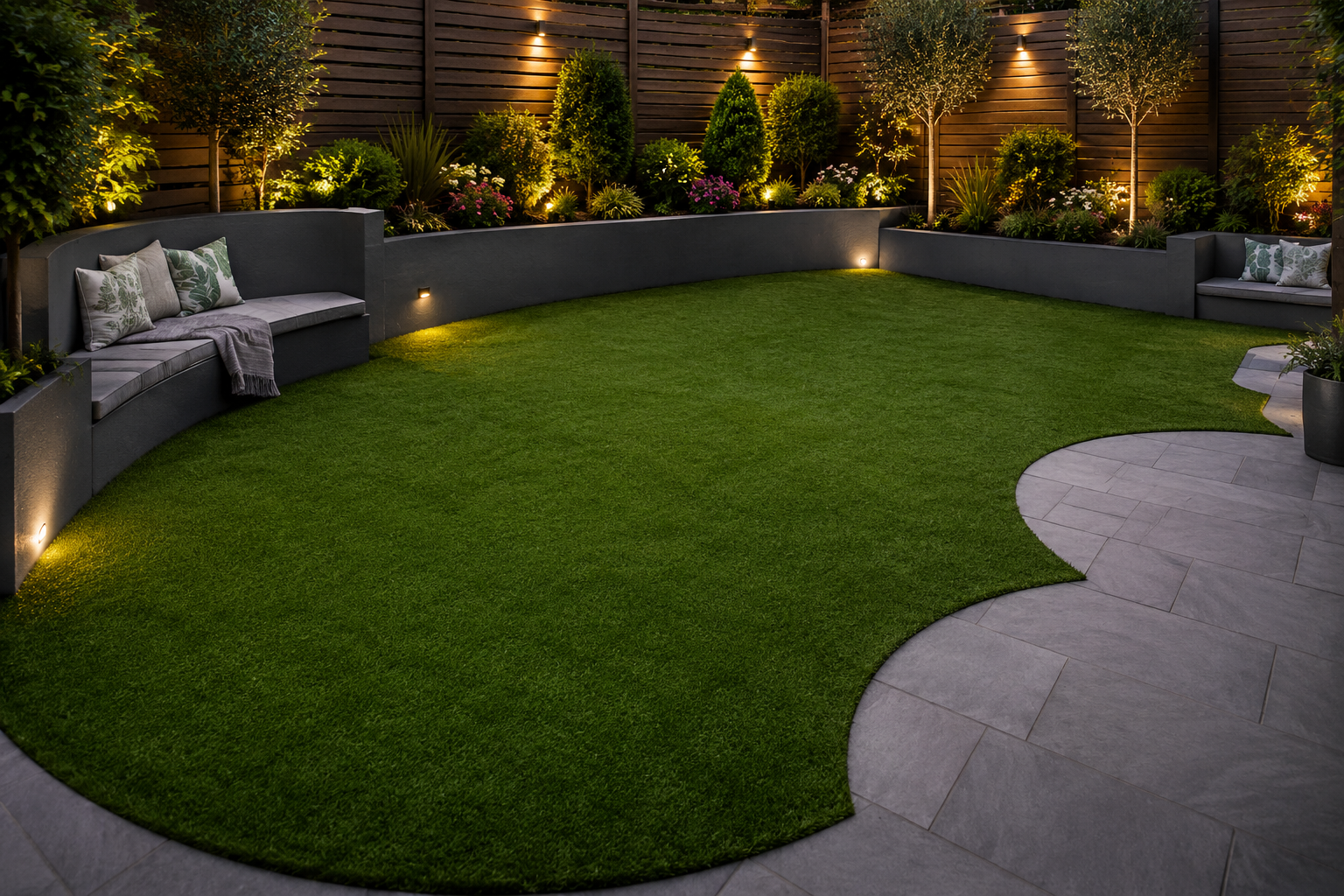 Curved lawn with stone patio, built-in benches, and warm garden lighting at night