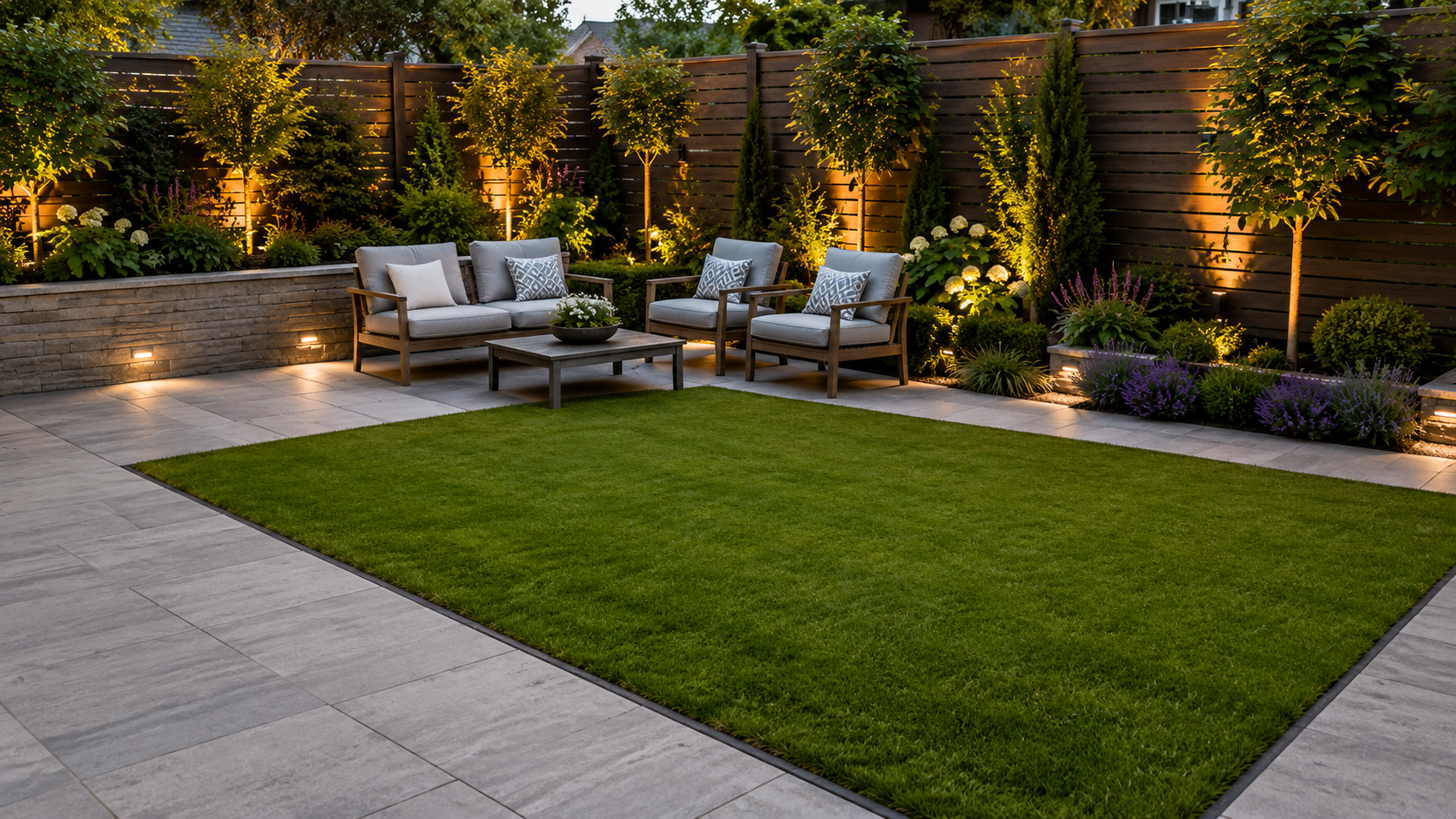 Modern backyard patio with seating, lit trees, and a green lawn at dusk
