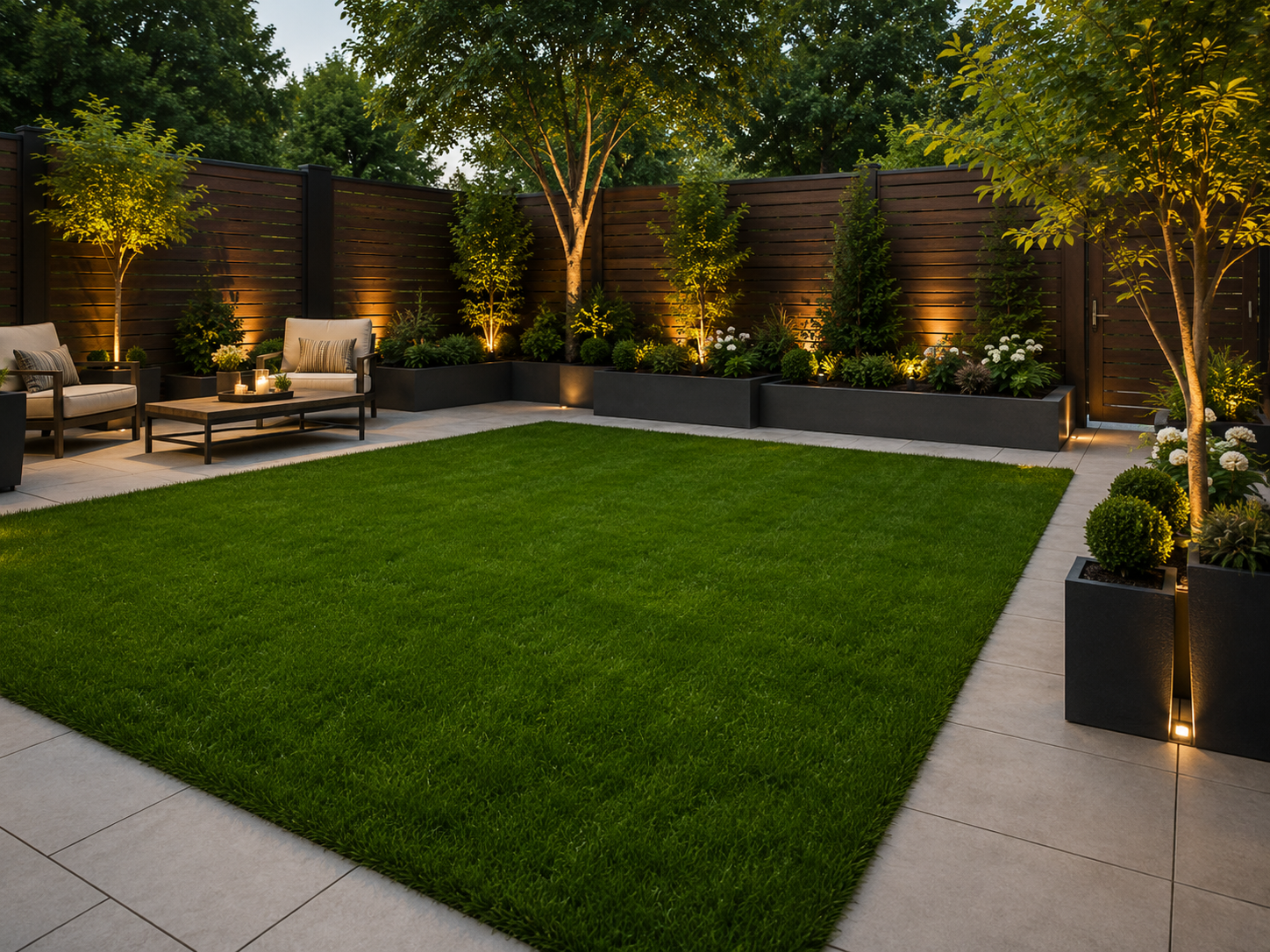 Modern backyard patio with a lush green lawn, lounge chairs, and warm garden lighting at dusk