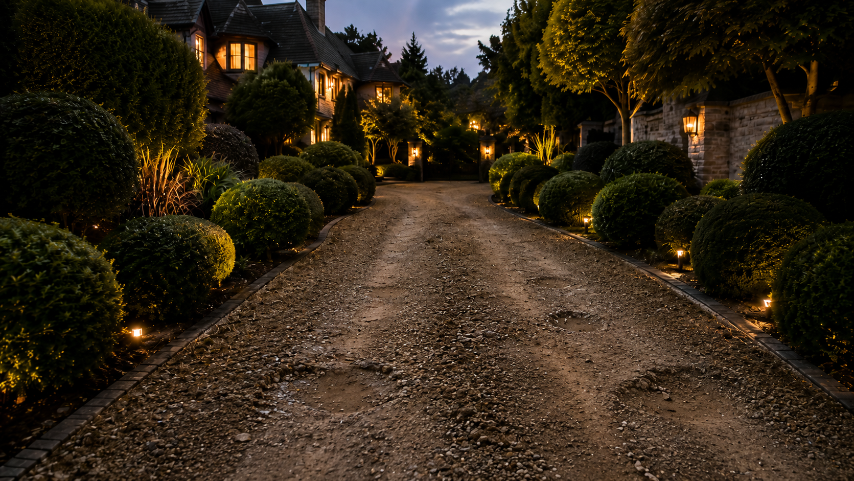 Gravel driveway lined with manicured shrubs and warm garden lights at dusk