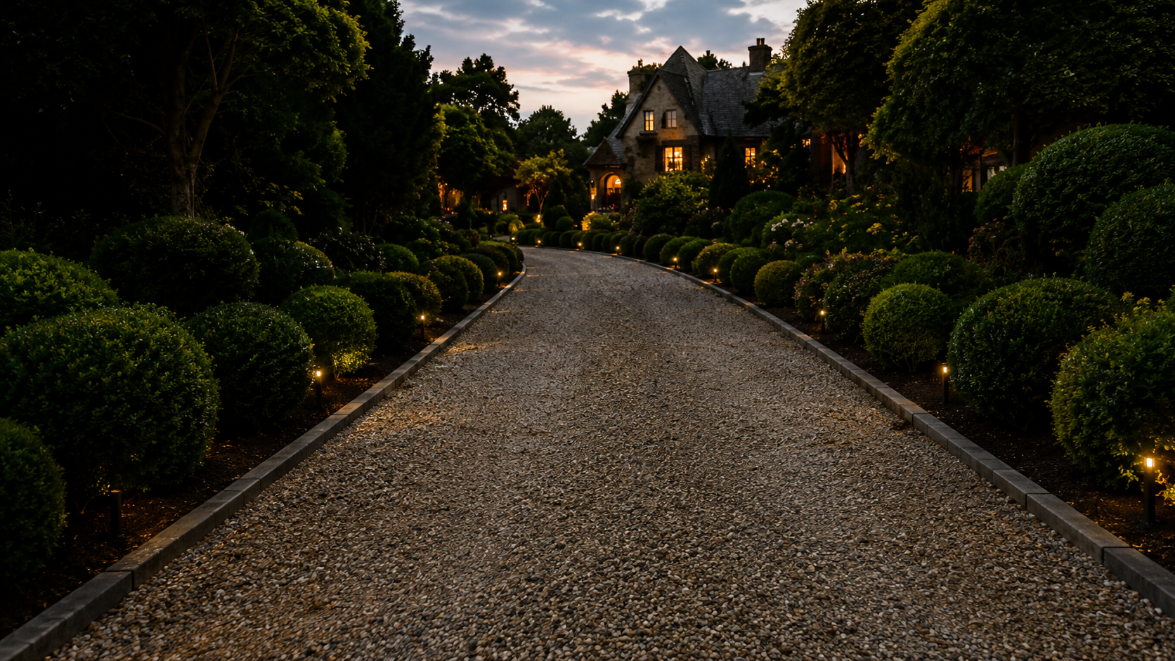 Gravel driveway lined with manicured shrubs and warm garden lights leading to a house at dusk