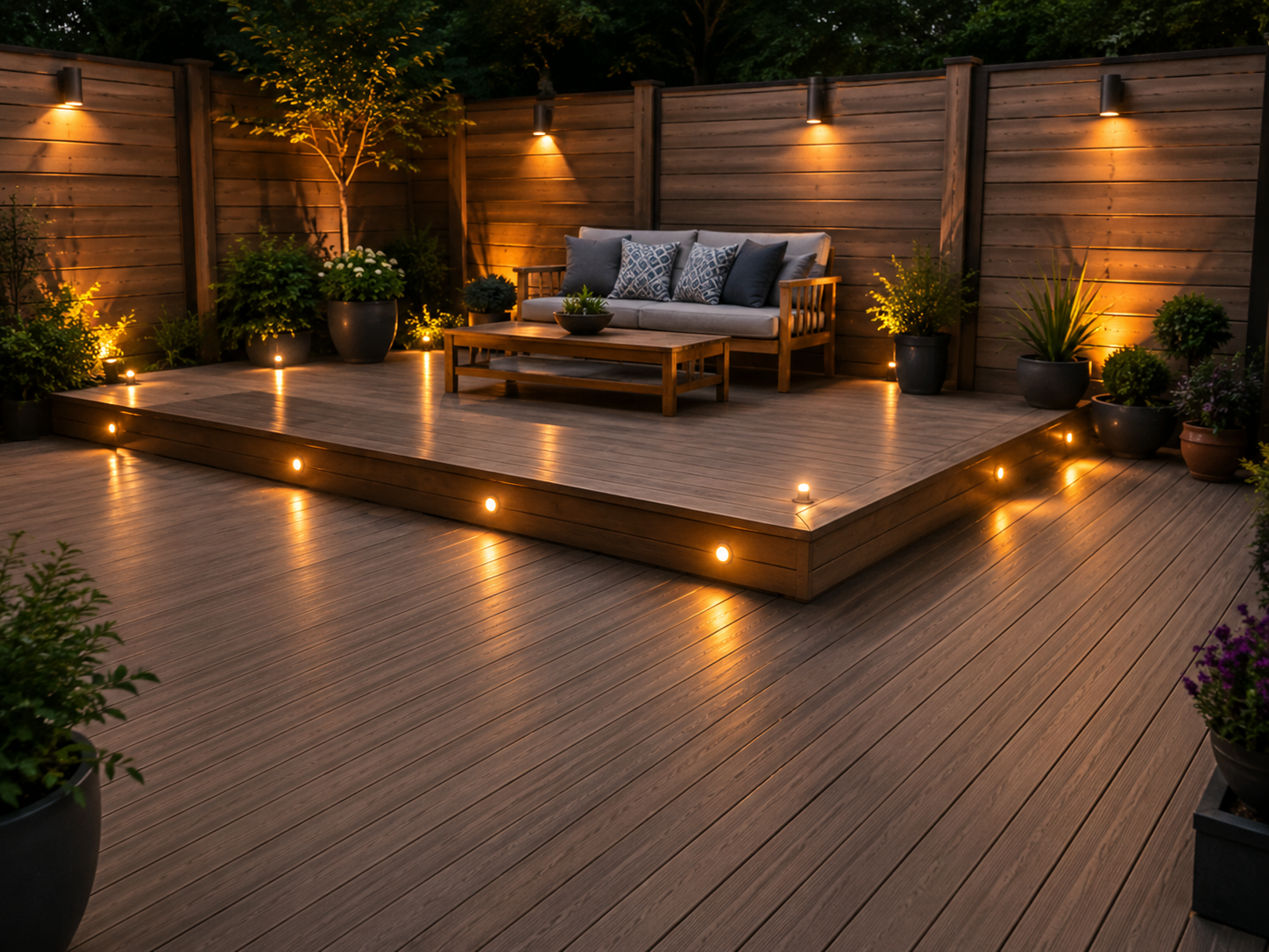 Warm-lit wooden deck patio with lounge seating, potted plants, and embedded step lights at dusk