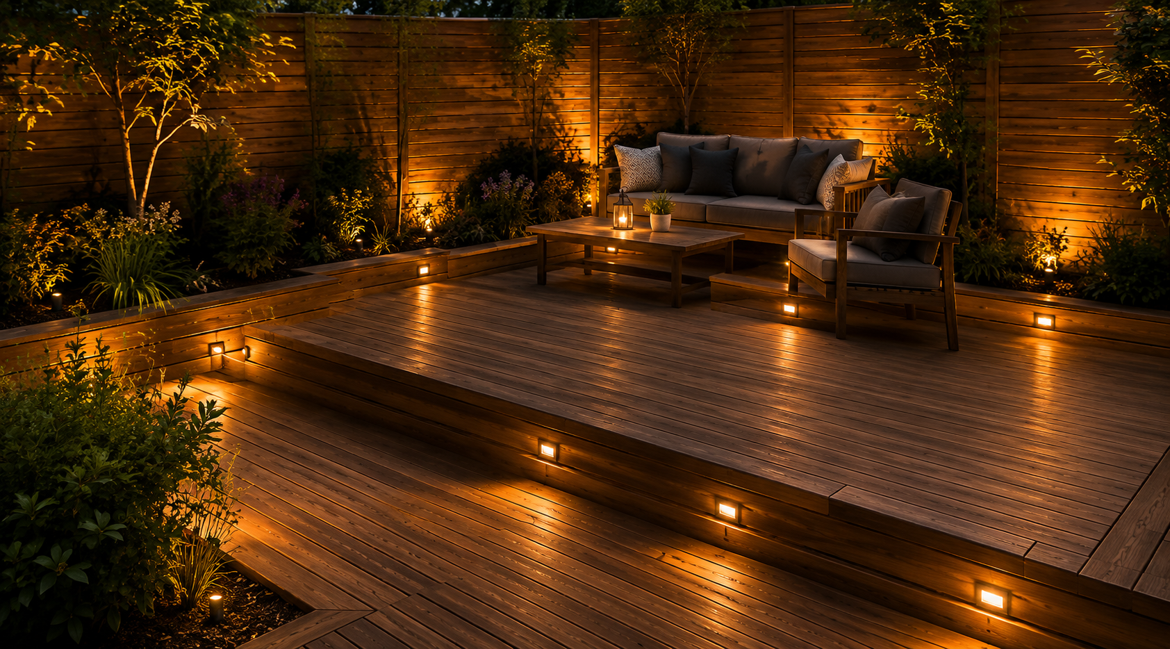 Warmly lit outdoor patio with wooden deck, cushioned seating, and glowing steps at night