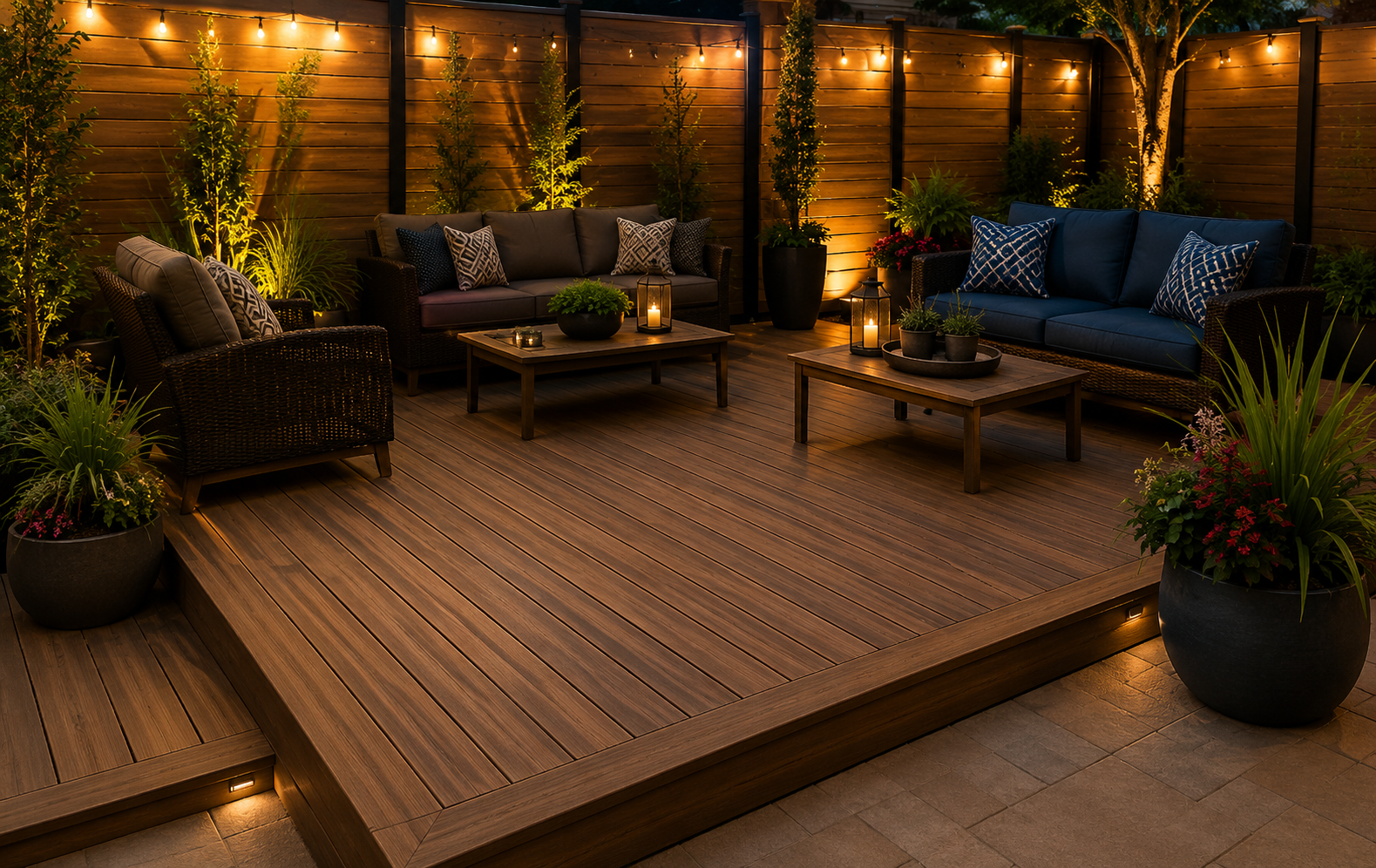 Cozy outdoor patio at dusk with wicker seating, warm string lights, and potted plants surrounding a wooden deck