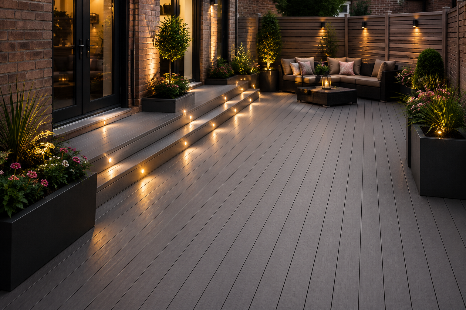 Candlelit modern patio with stone steps, potted plants, and warm garden lighting at dusk