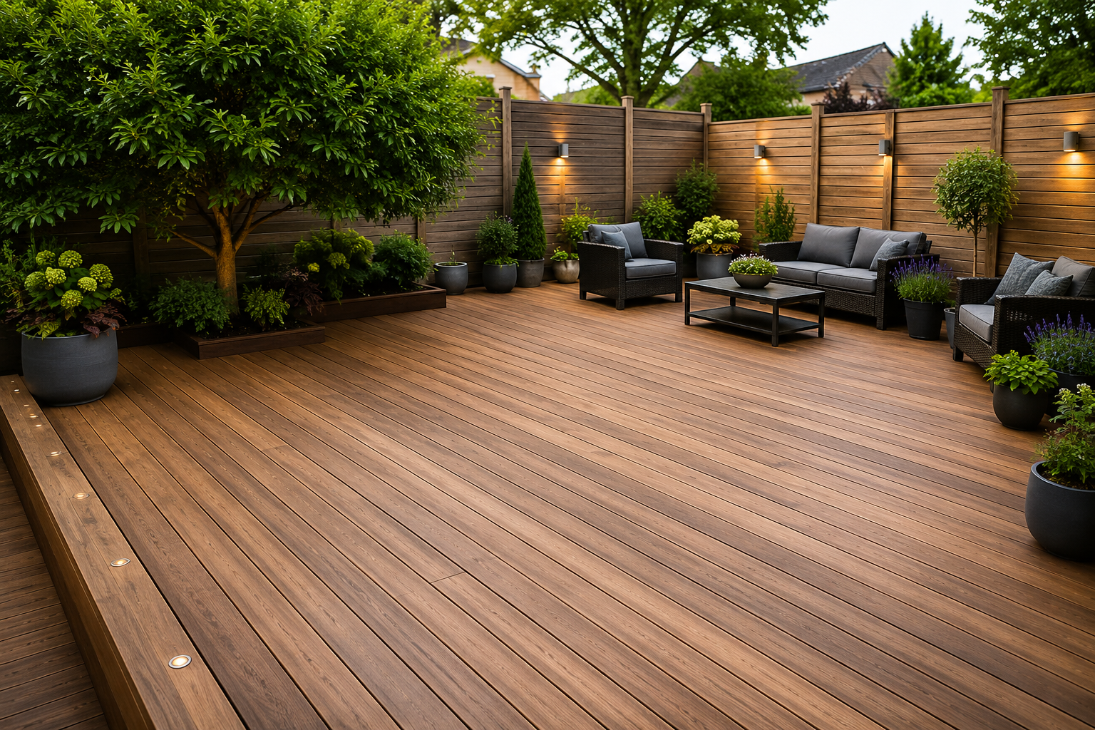 Wooden backyard deck with black outdoor seating, potted plants, and warm fence lighting