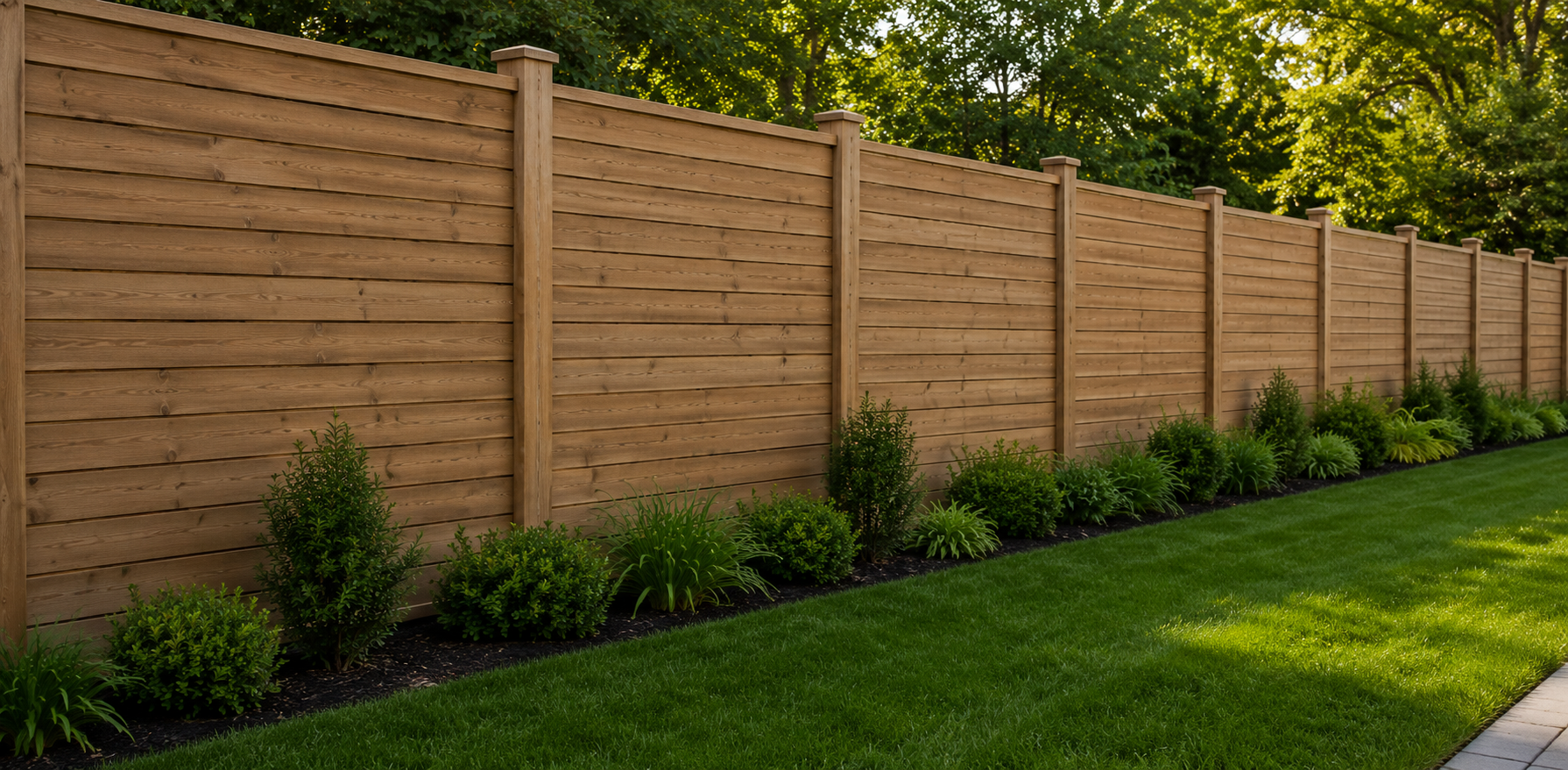 Wooden privacy fence with horizontal slats beside a green lawn and trees