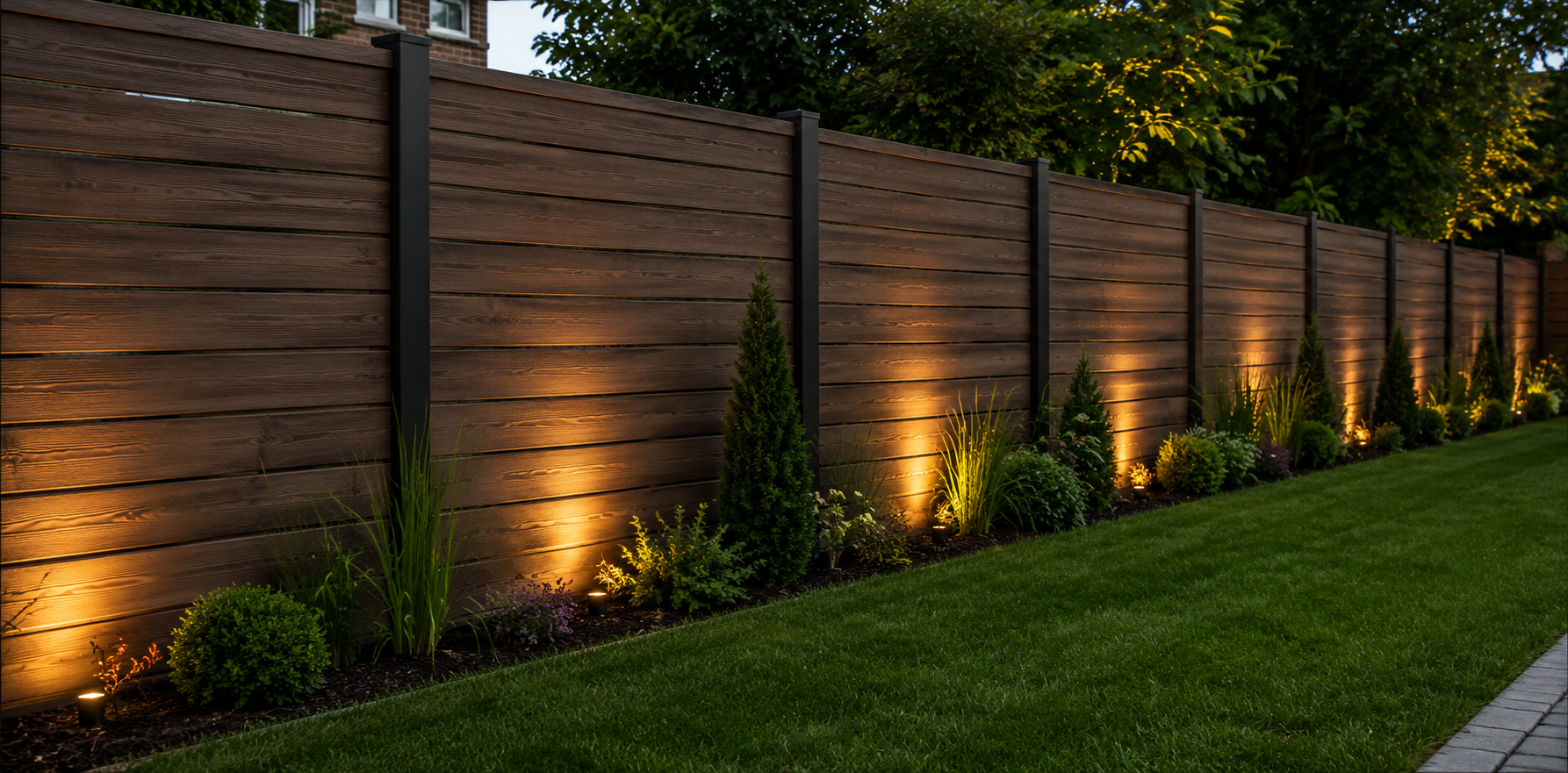 Backyard wooden privacy fence lit by warm landscape lights beside a green lawn