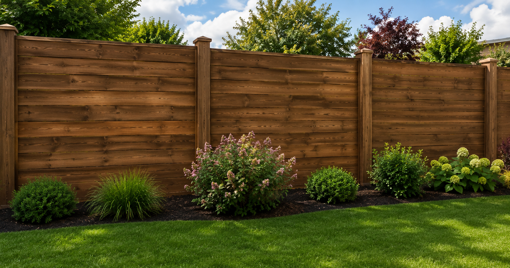 Wooden privacy fence behind a green lawn with neatly trimmed shrubs and flowering plants.