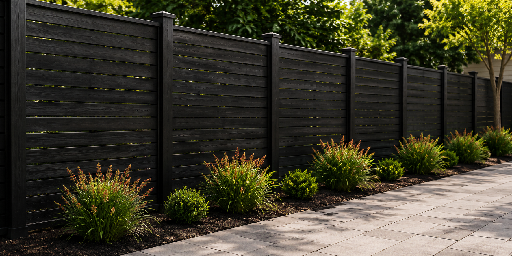 Black wooden fence with small shrubs along a paved path in sunlight