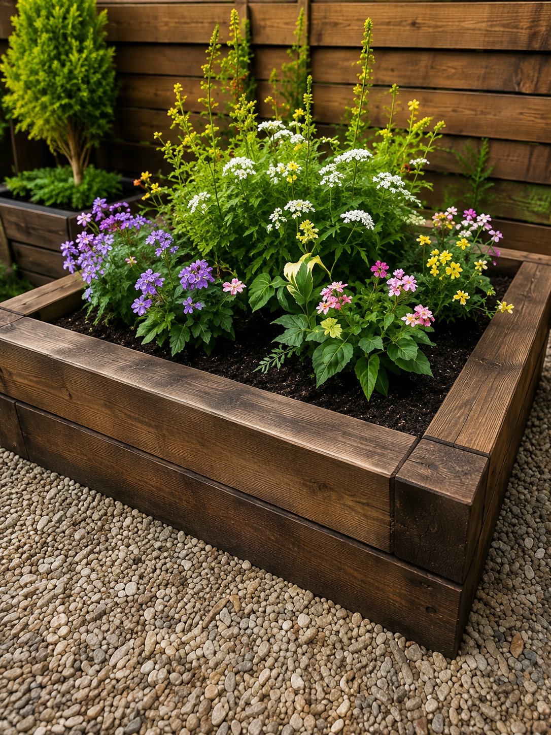 Raised wooden planter with colorful flowers and greenery beside a gravel path