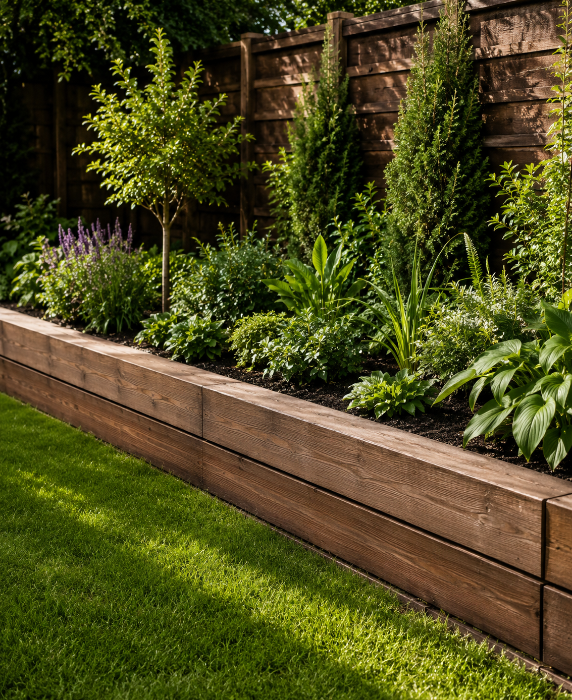 Tiered wooden planter bed with lush green shrubs, purple flowers, and a grass lawn beside a fence