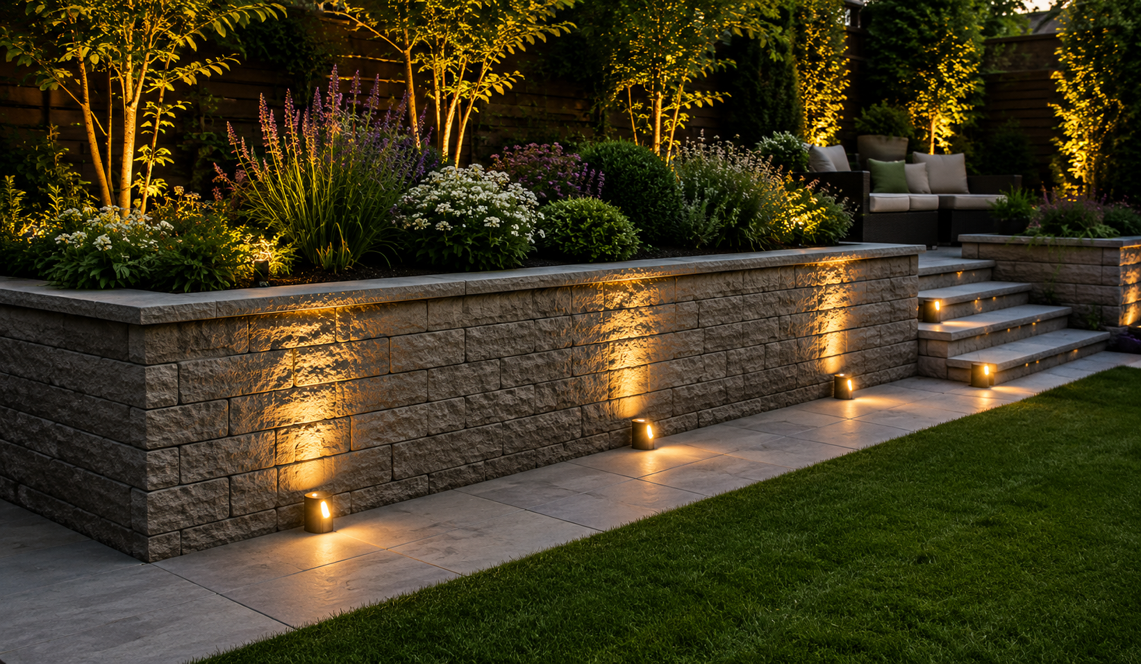 Illuminated stone retaining wall beside steps and patio in a landscaped garden at dusk