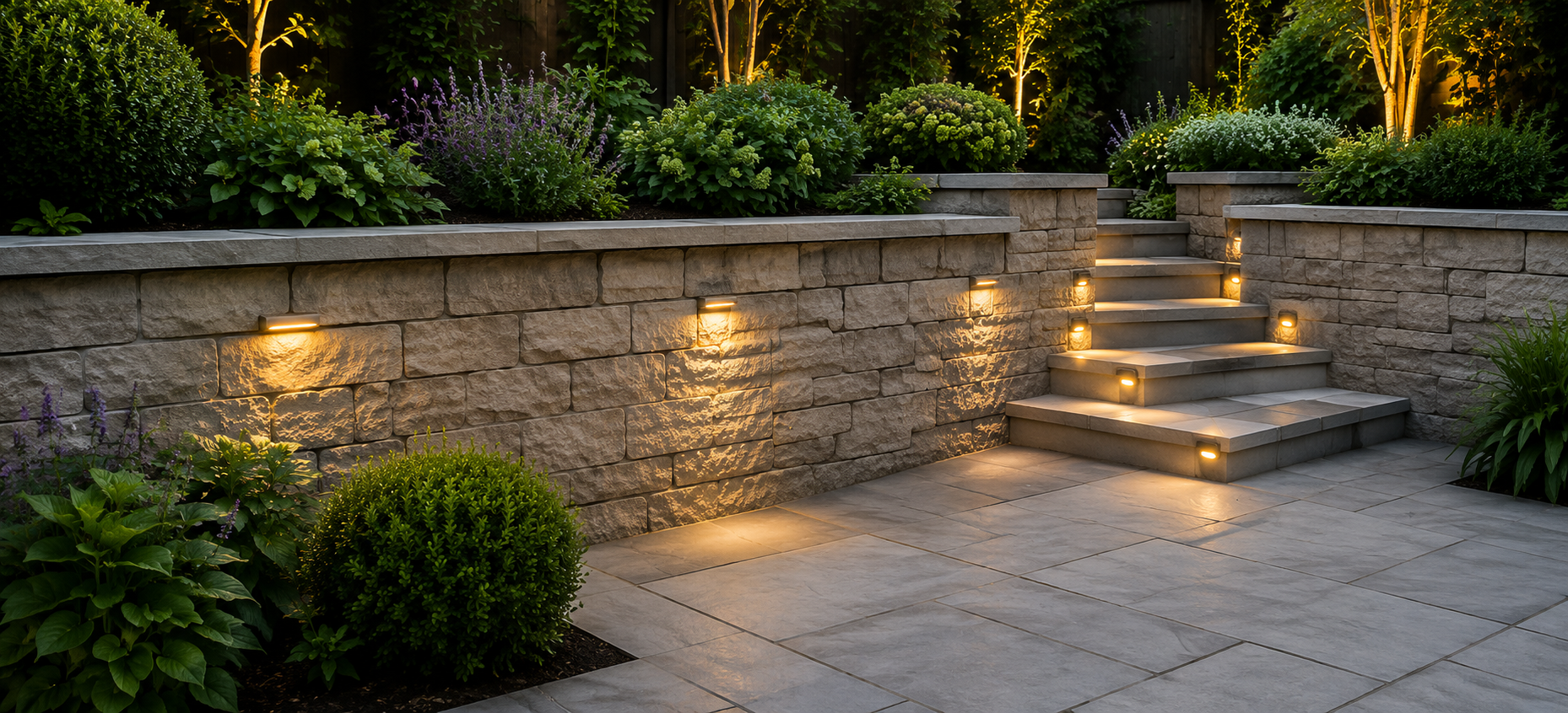 Stone patio steps with warm garden lighting and trimmed shrubs at dusk