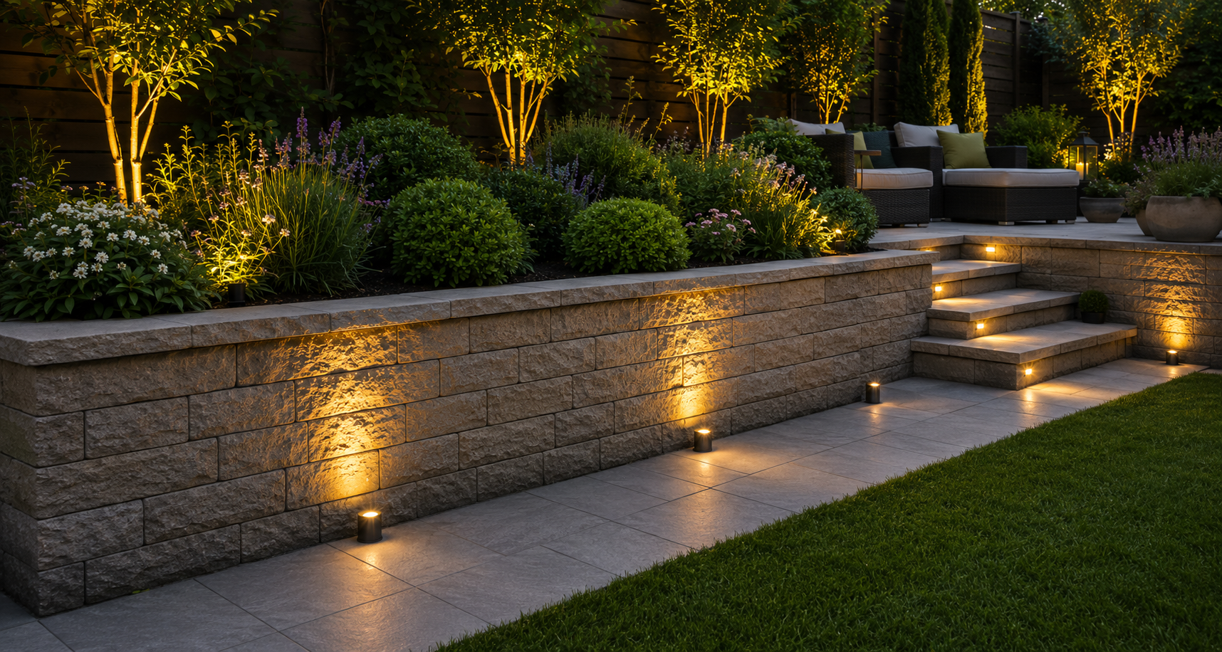 Illuminated stone retaining wall with landscaped shrubs, steps, and a grassy lawn at dusk