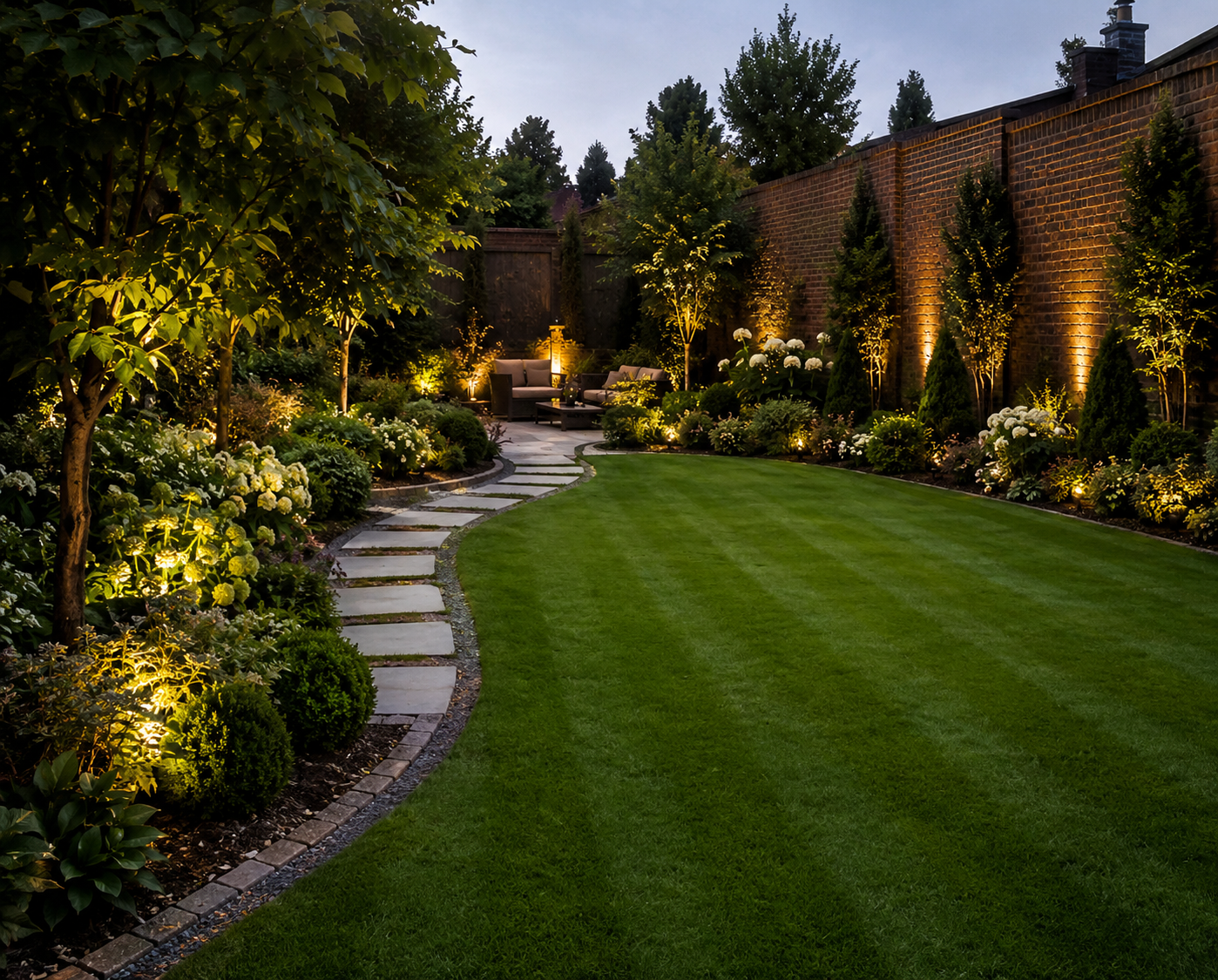 Illuminated landscaped garden with stone path, lush green lawn, and brick wall at dusk