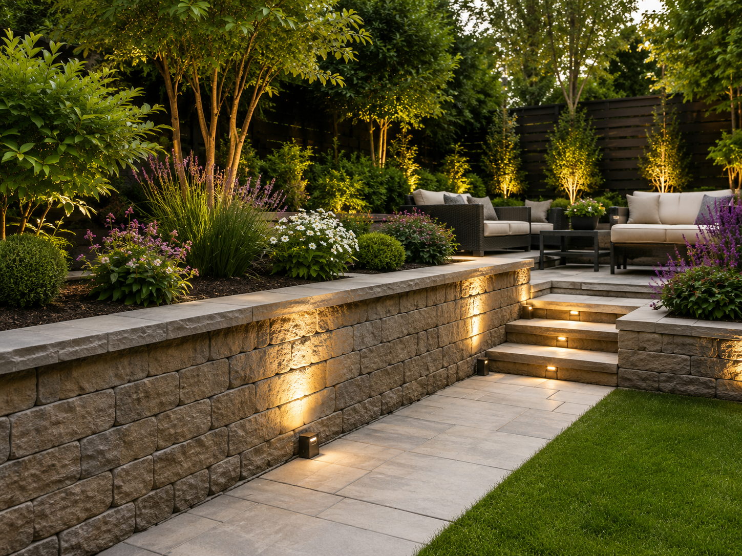 Garden patio with stone retaining wall, lit steps, and outdoor seating amid lush greenery