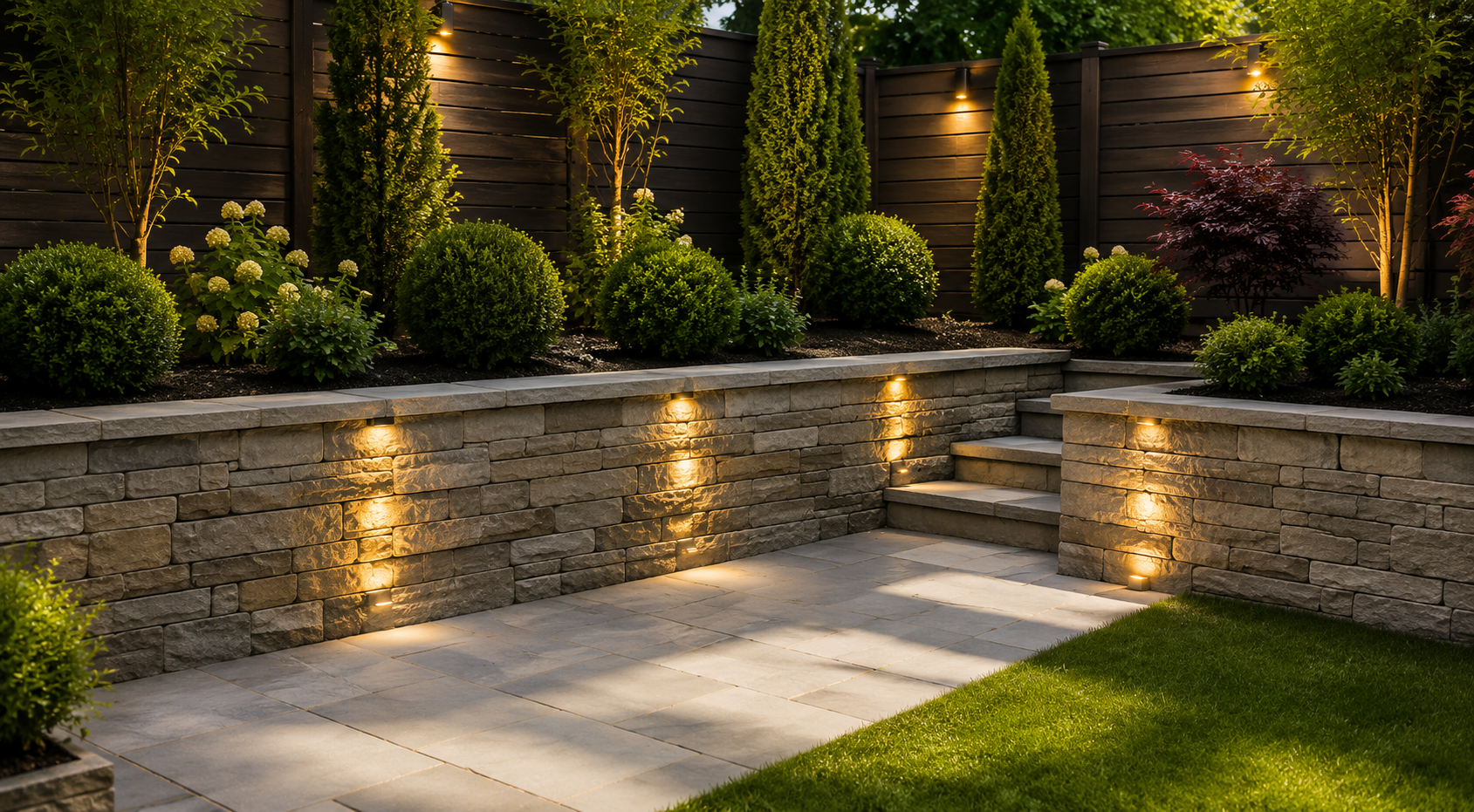 Illuminated landscaped garden with stone retaining walls, shrubs, and a paved patio at dusk
