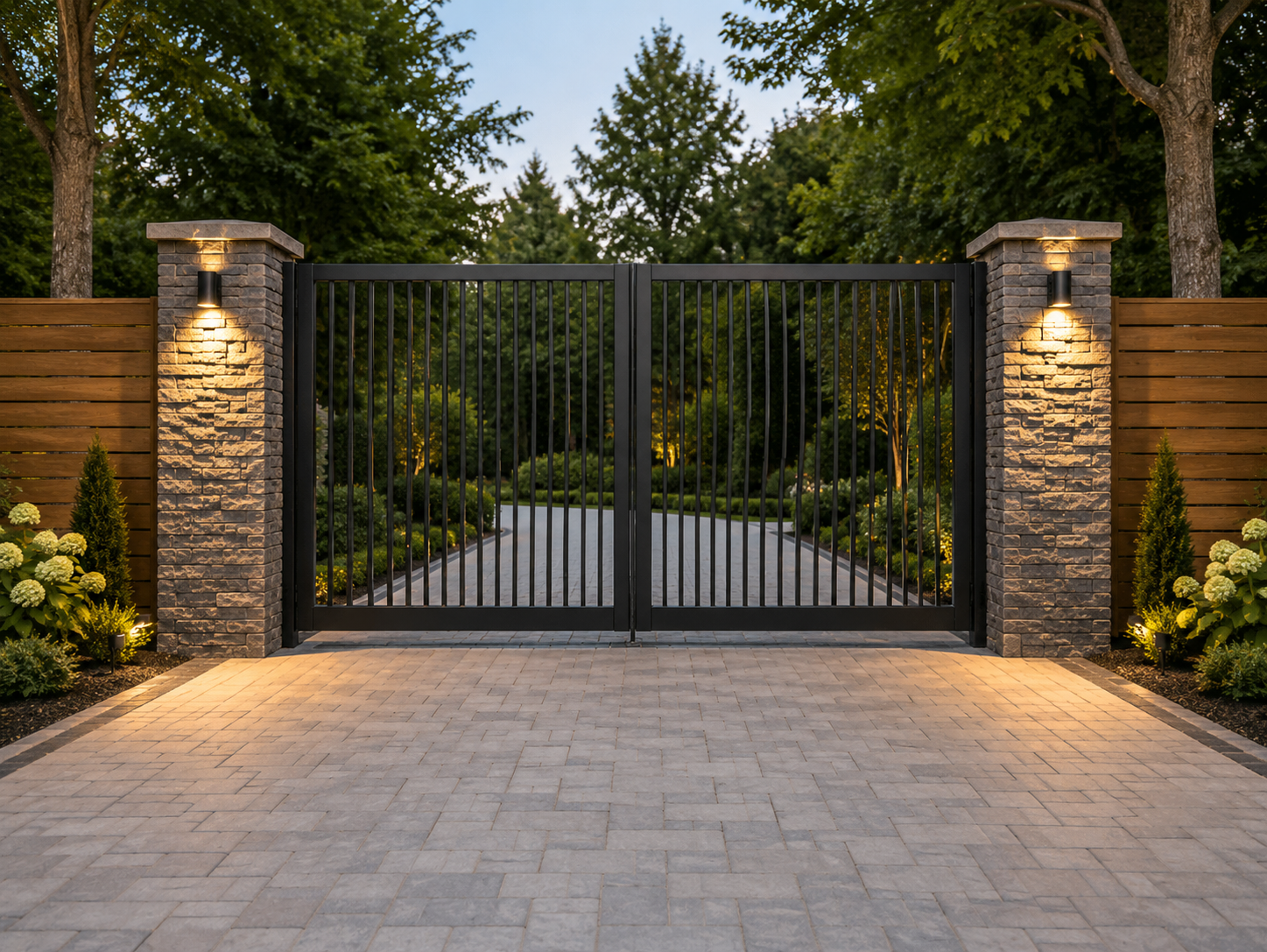 Stone driveway entrance with tall black gate, lit brick pillars, and trees beyond at dusk