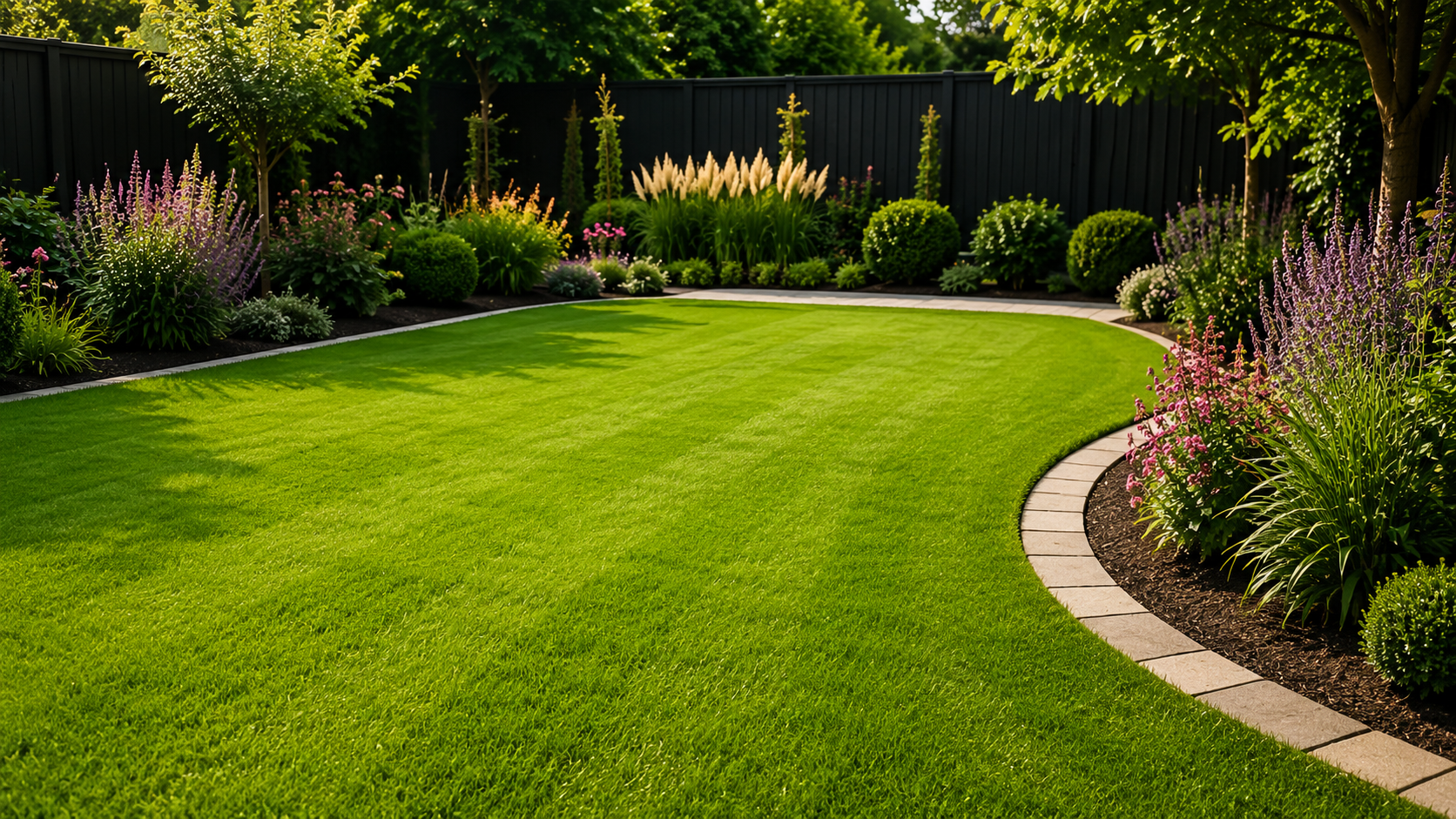 Curved green lawn bordered by flower beds and trees in a landscaped garden