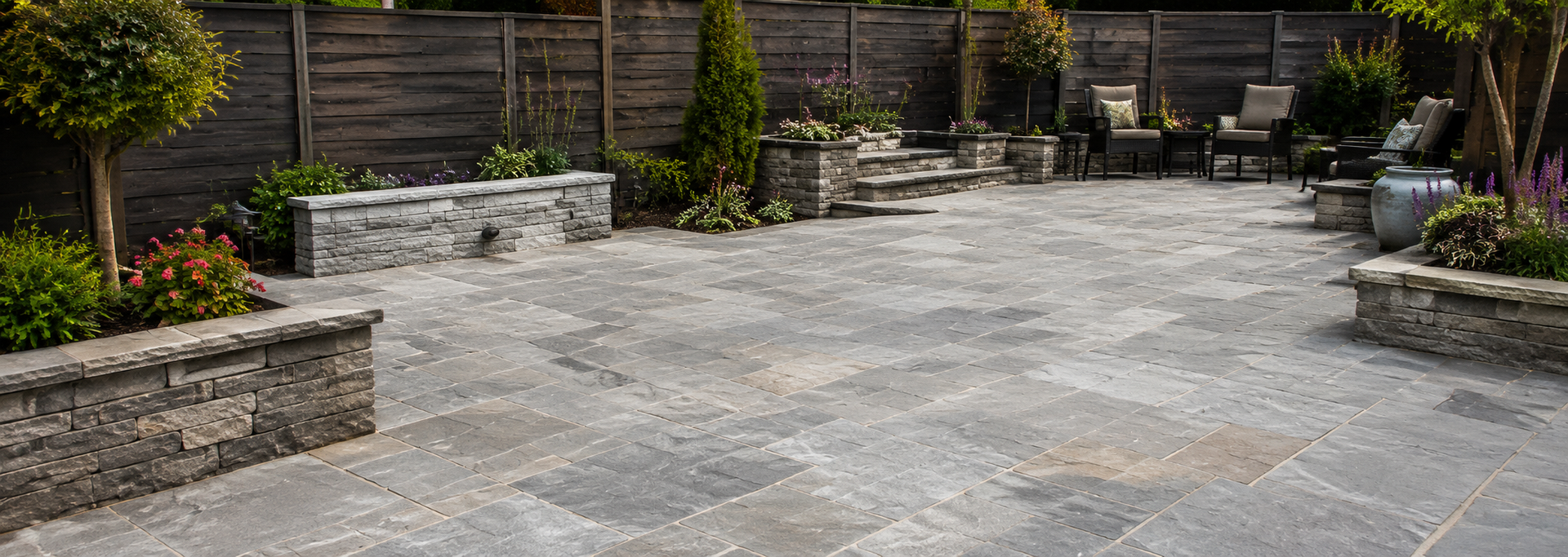Stone patio with seating area, wooden fence, planters, and garden greenery