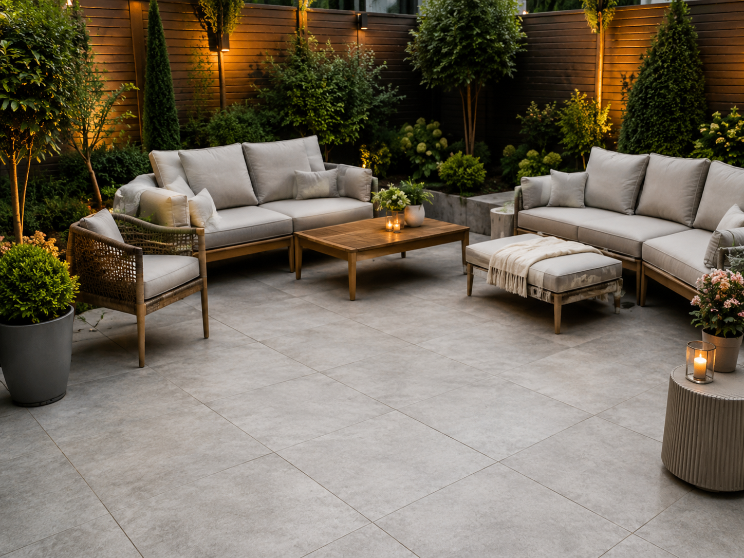 Outdoor patio with beige sectional sofas, coffee table, and warm lantern lighting against lush greenery