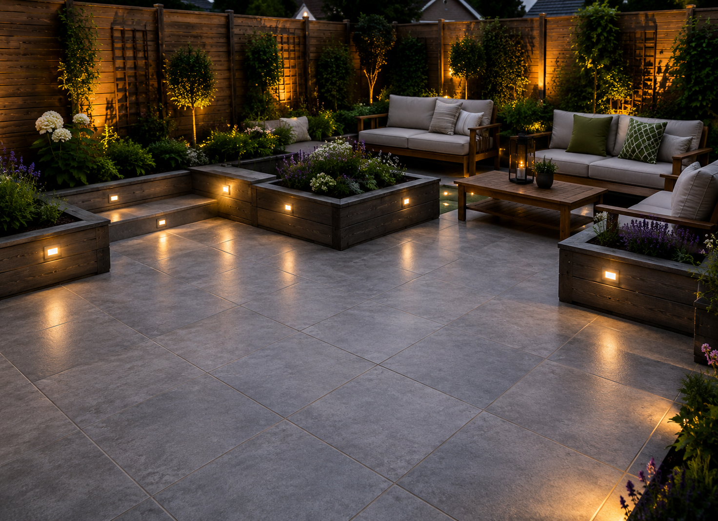 Modern landscaped patio with stone pavers, low garden beds, and soft evening lighting.