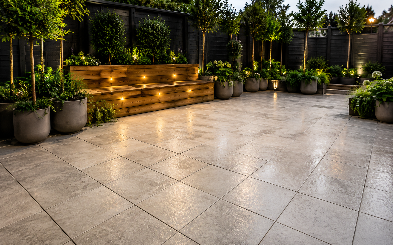 Modern patio with large stone tiles, wooden benches with warm lights, and potted greenery along a fence.