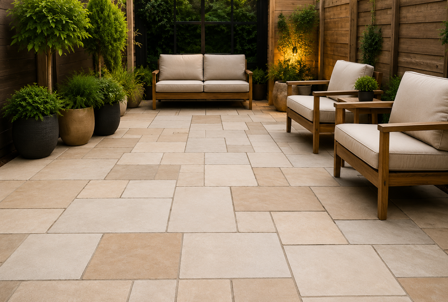 Patio with beige stone tiles, wooden benches, potted plants, and warm garden lighting