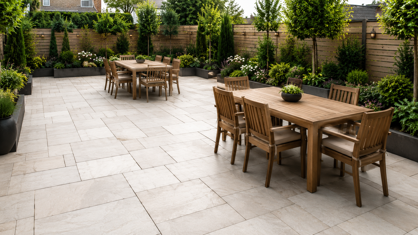 Outdoor patio with two wooden dining tables, chairs, and potted plants on a light stone terrace.