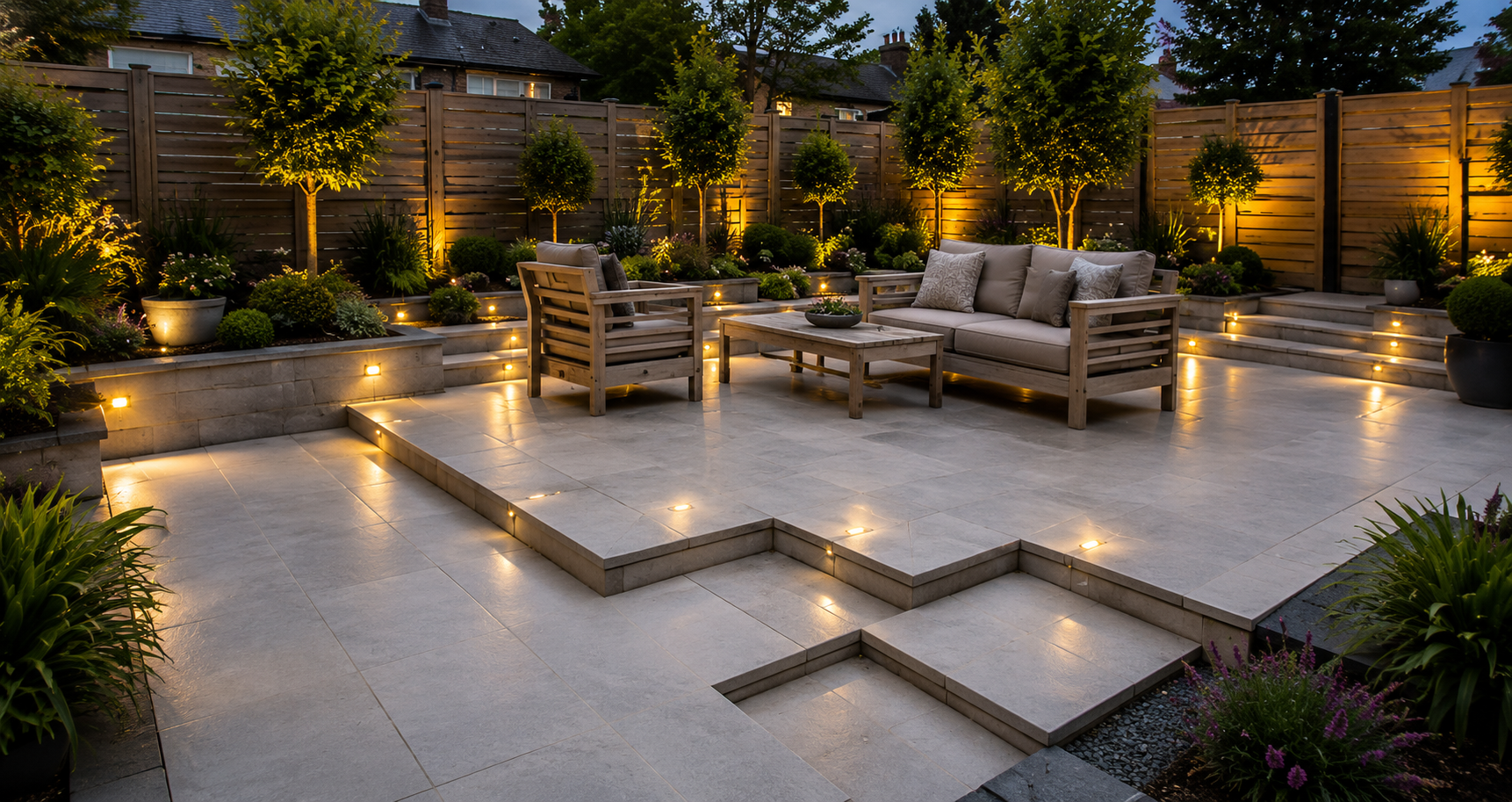 Modern backyard patio with stone seating, raised planters, and warm garden lighting at dusk