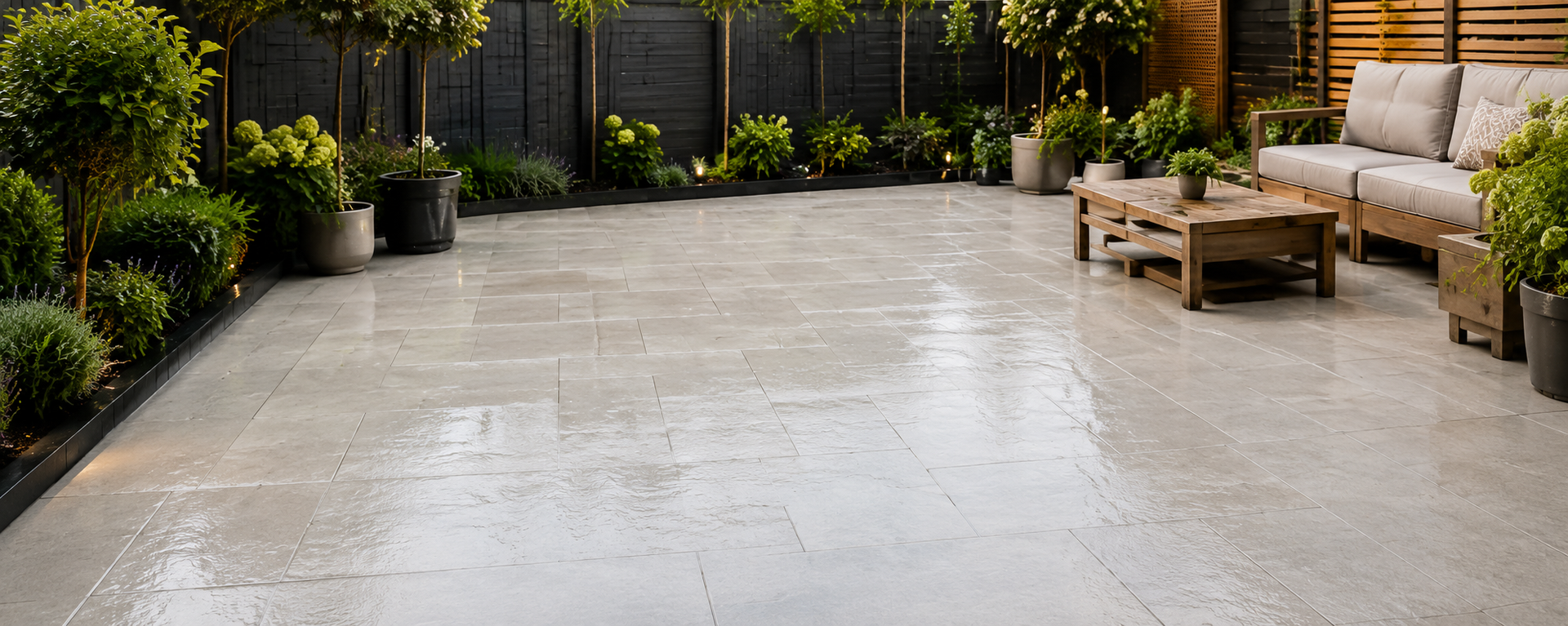 Empty modern patio with wet concrete, potted plants, and outdoor seating along the back wall