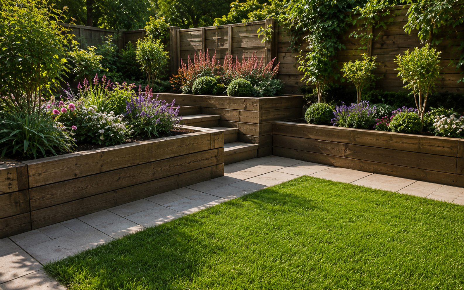 Landscaped backyard with raised flower beds, stone steps, and a green lawn in sunlight