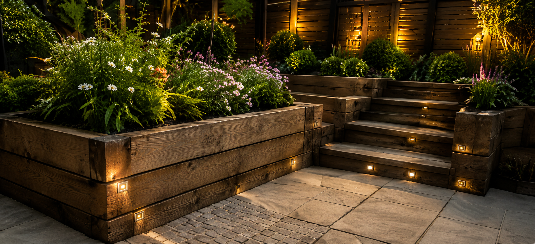 Warm-lit garden steps beside raised stone planters with lush greenery at dusk
