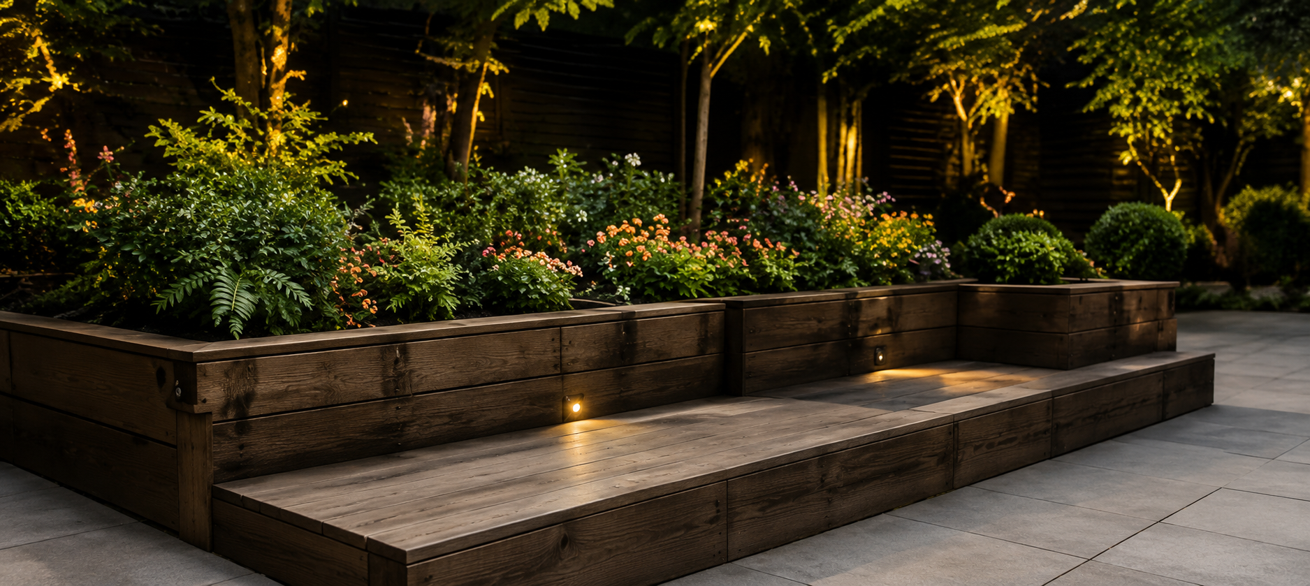 Modern stone garden bench with warm lights beside lush plants at night