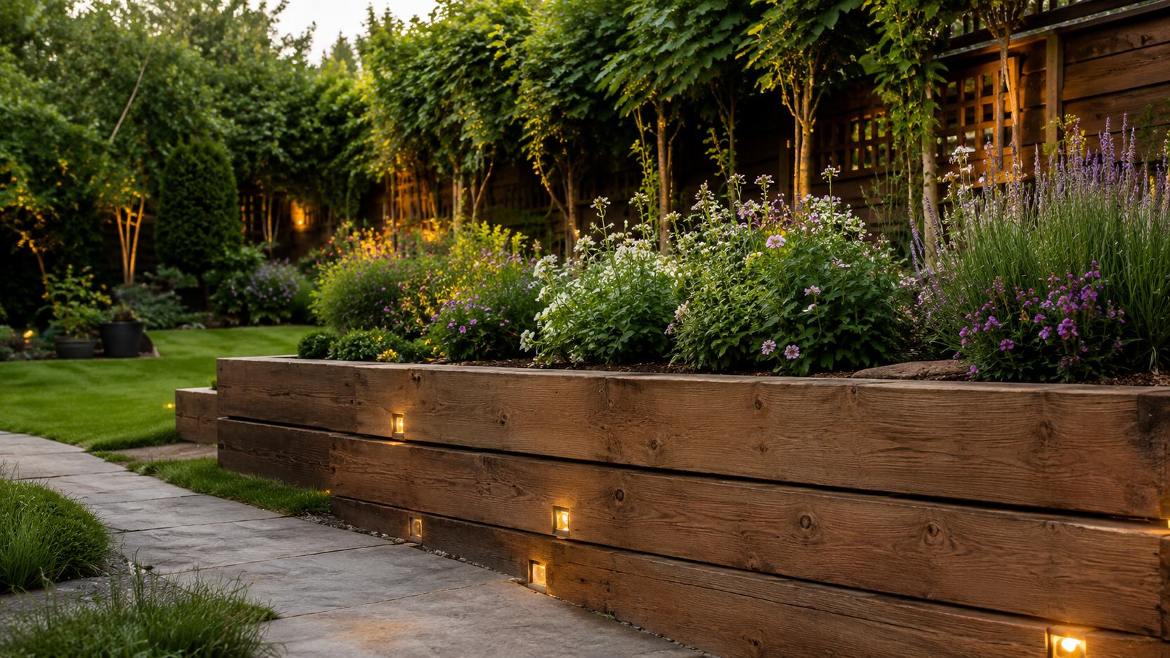 Modern landscaped garden with tiered wooden planter beds, lush greenery, and small ground lights along a path