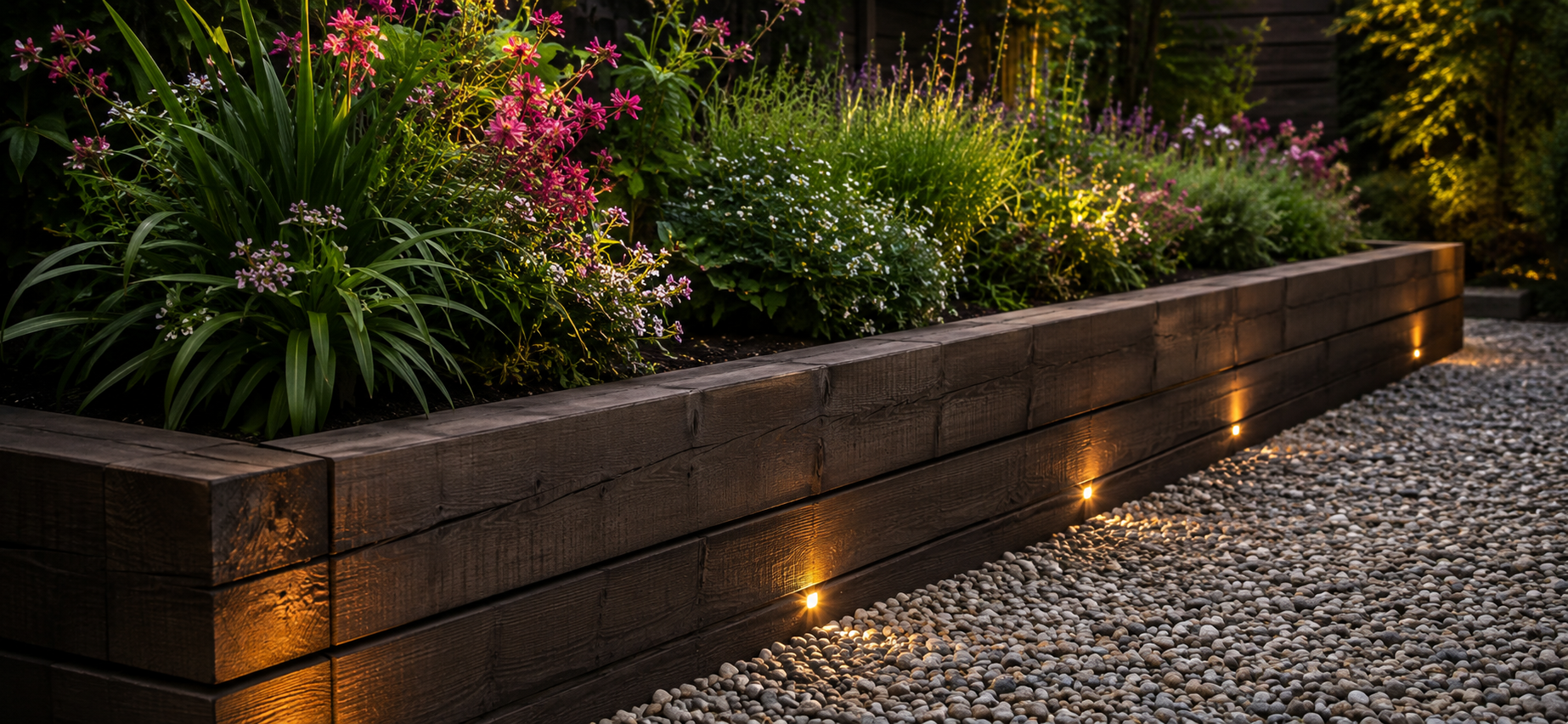 Raised wooden planter with colorful flowers and glowing ground lights beside a gravel path at dusk