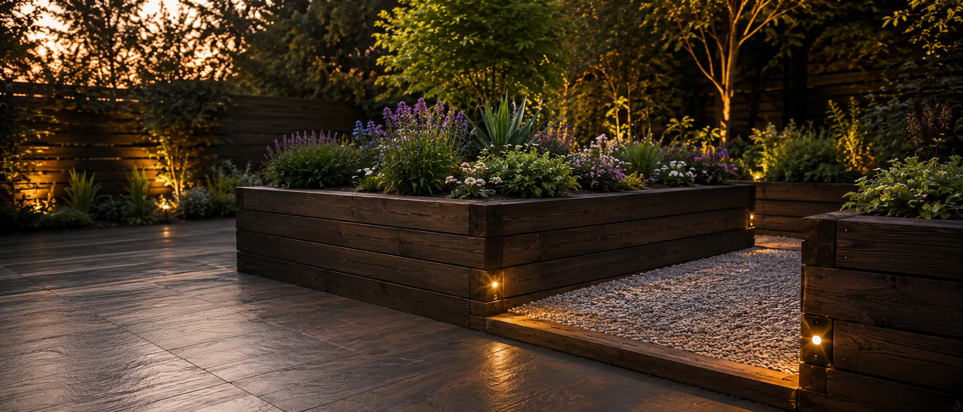 Illuminated garden path with raised flower beds and warm landscape lighting at dusk