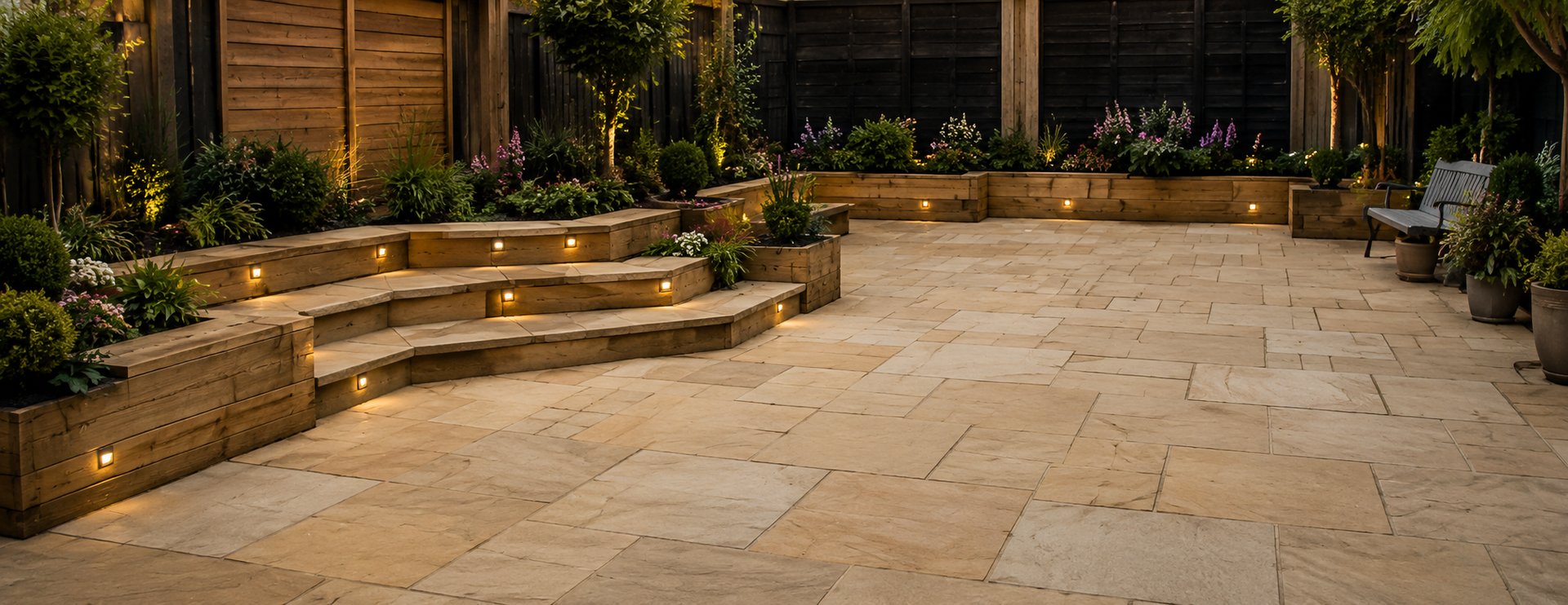 Stone patio with curved steps, potted plants, and warm outdoor lighting at dusk