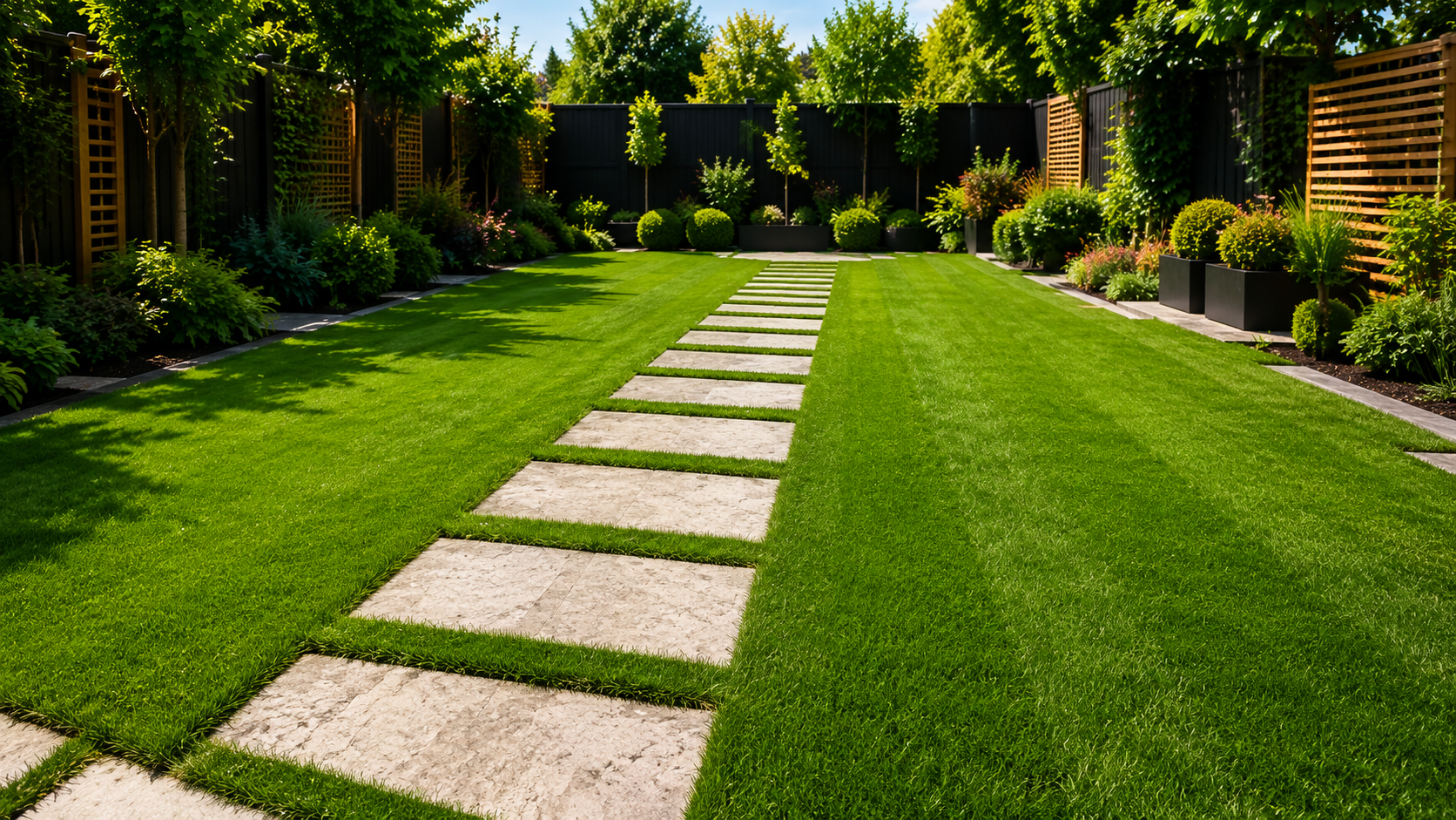 Modern landscaped garden with a straight stepping-stone path through bright green lawn and hedges