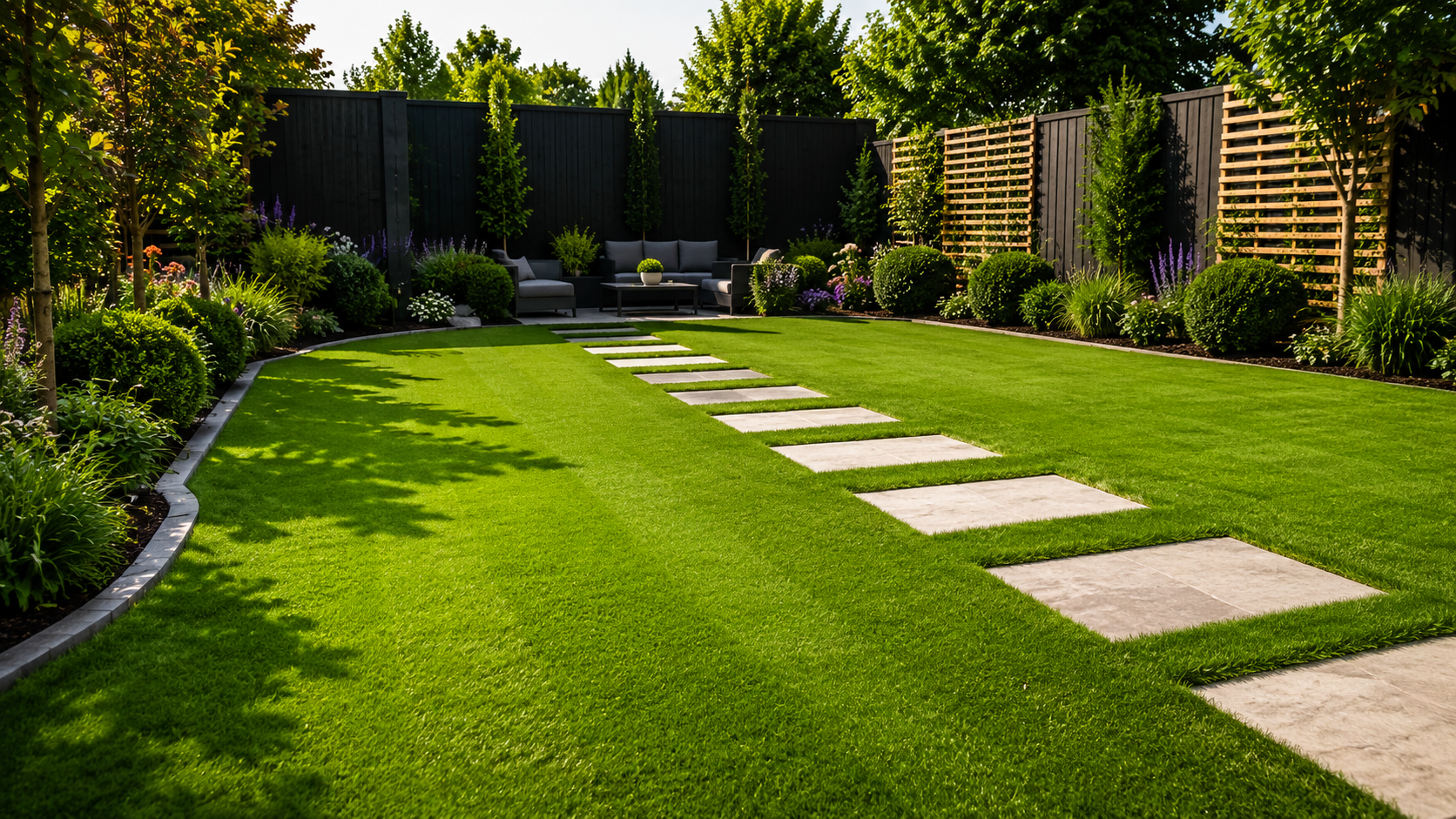 Modern landscaped garden with green lawn, stepping stones, shrubs, and tall privacy fencing