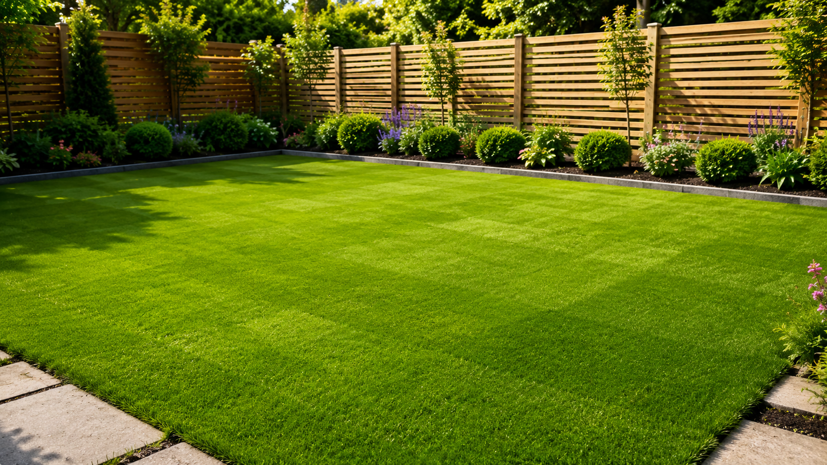 Well-kept green lawn bordered by flower beds and wooden fencing in a landscaped backyard