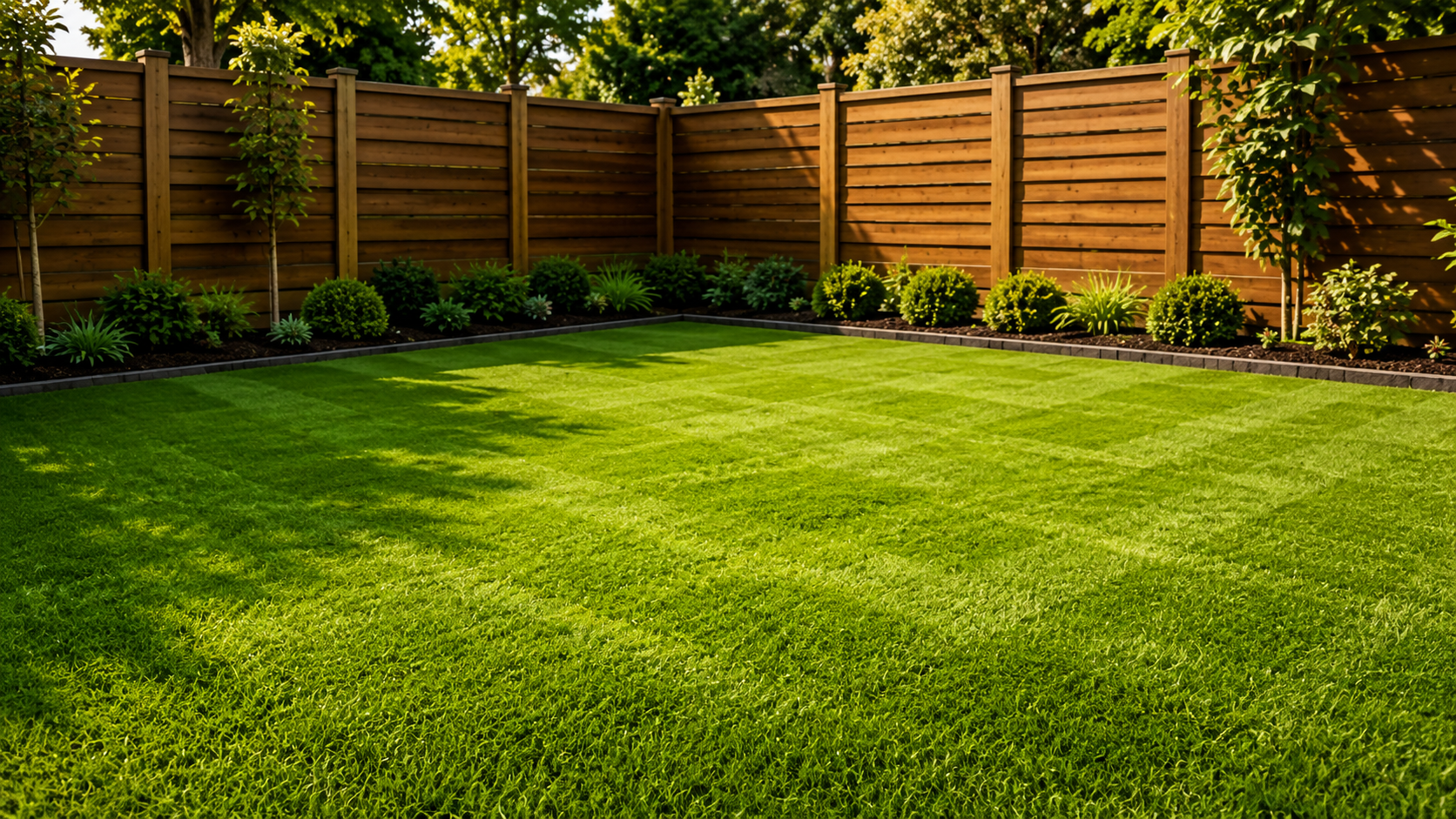 Sunny backyard lawn bordered by wooden fencing and shrub beds